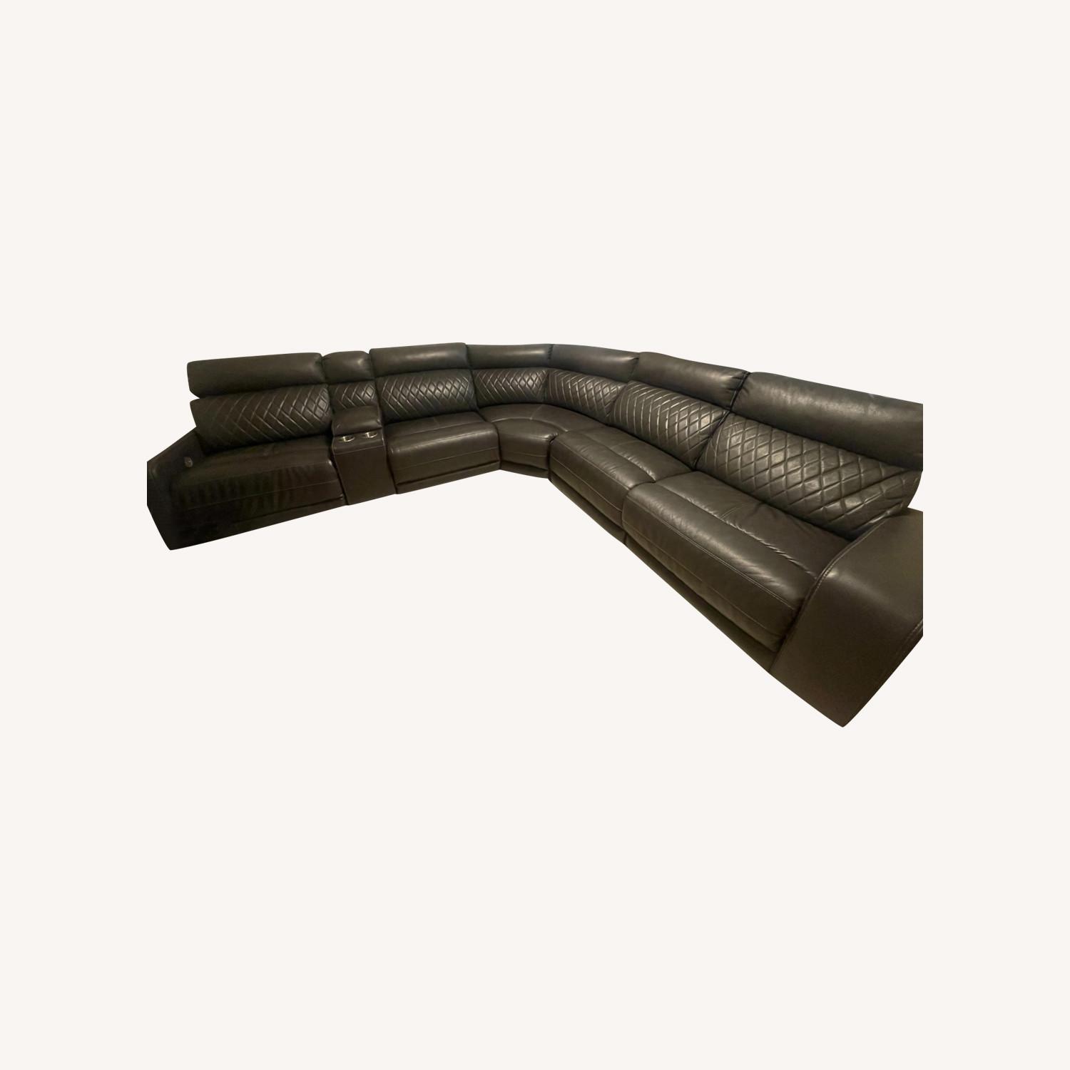 Grey Automatic Recline Leather 6 Seat Sectional - image-0
