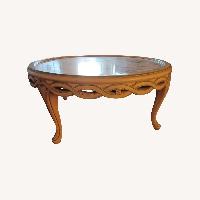 Marble top White Wood Table with Blue Trim