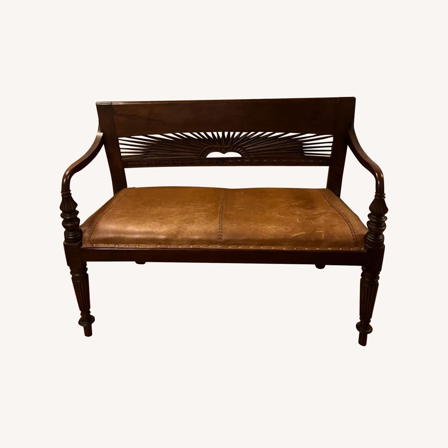 Amazing Vintage Carved Wooden and Leather Bench - image-0