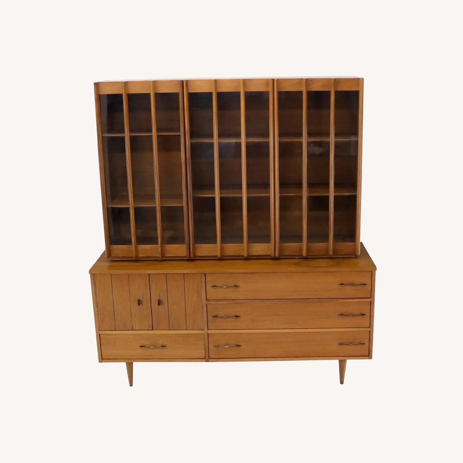 Walnut Mid-Century Hutch Credenza Display Cabinet - image-0