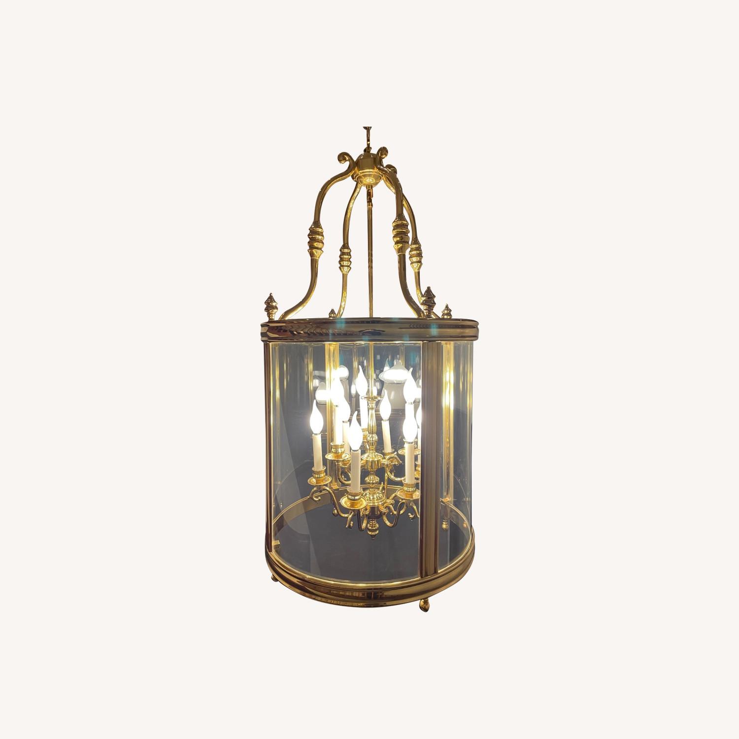 Large Mid Century Brass Lantern Chandelier - image-0