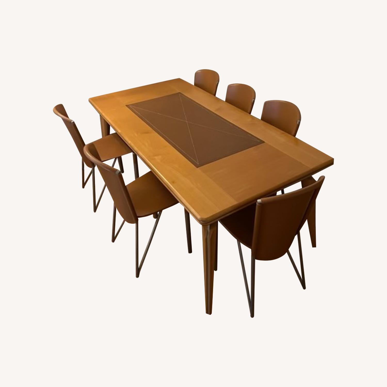 Solid Maple Wood Dining Table, 6 Leather Chairs - image-0
