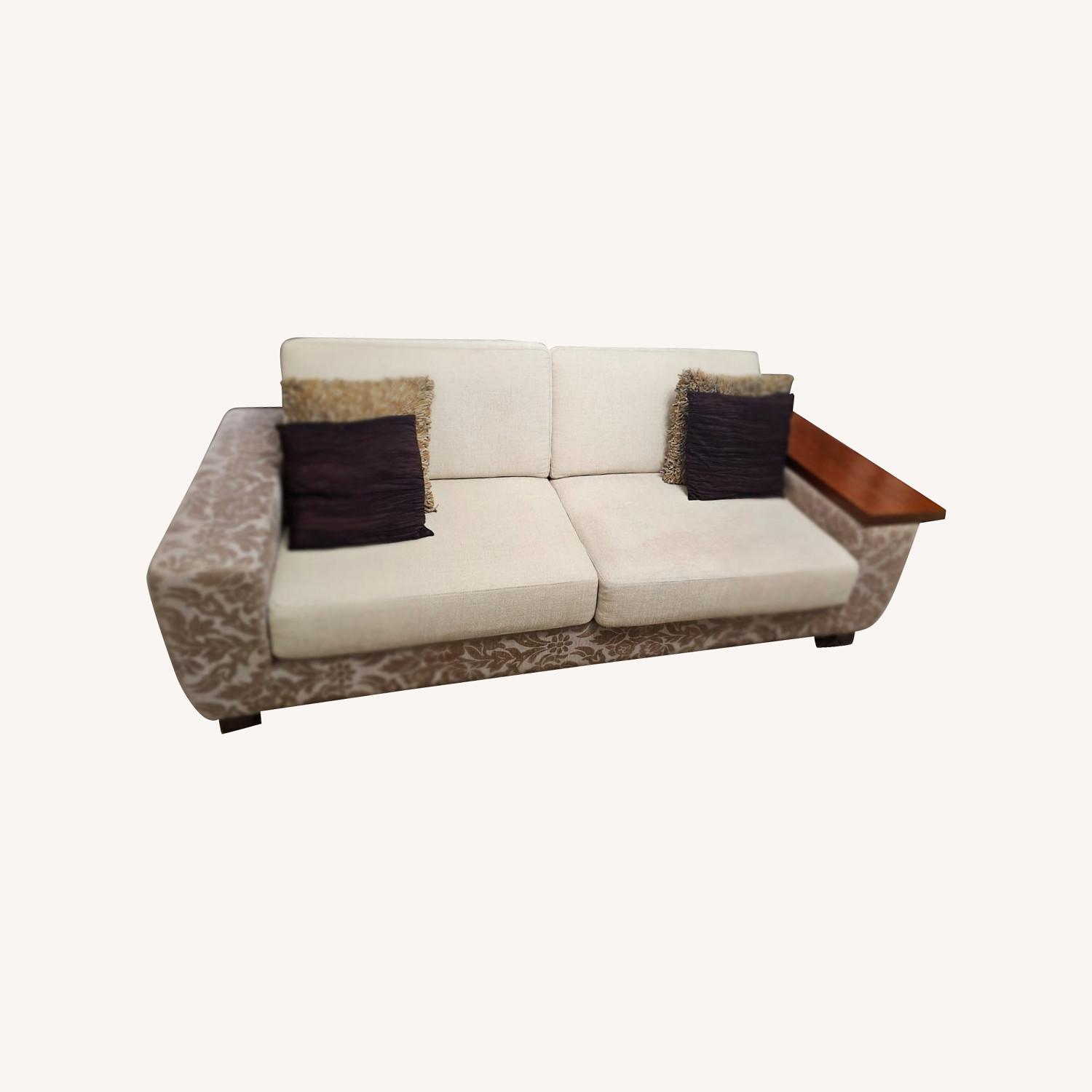 2 White Sofa and Patterned with Wood Arm Rest - image-0