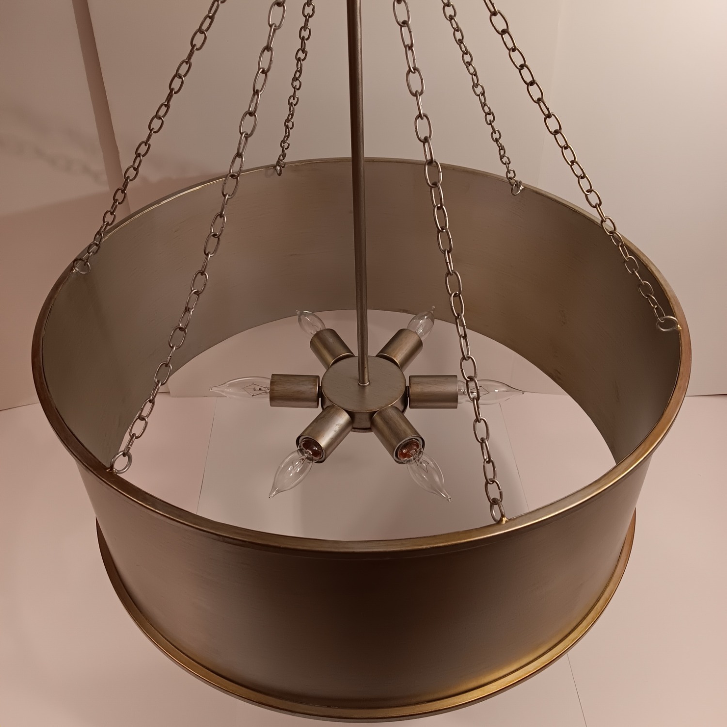 Silver Patina Metal Drum Ceiling 6 Light Fixture - image-3