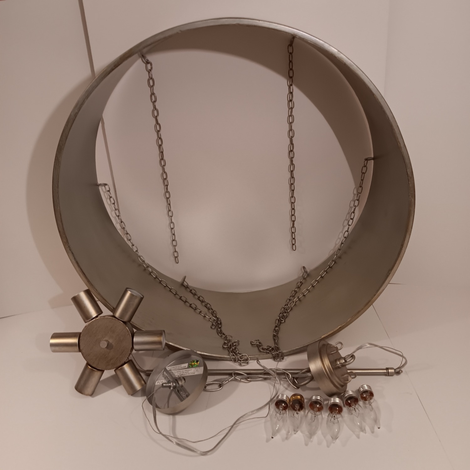 Silver Patina Metal Drum Ceiling 6 Light Fixture - image-7