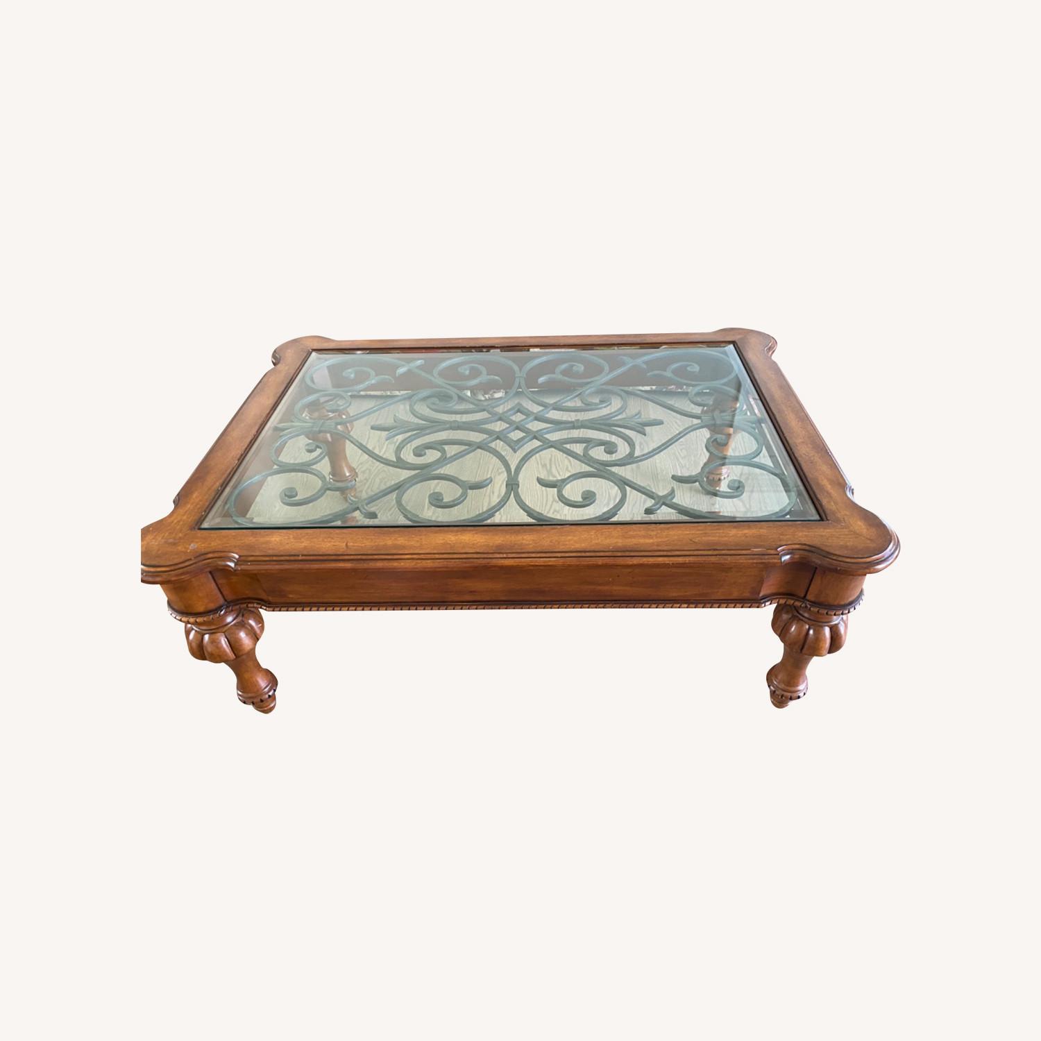 HR783 ETHAN ALLEN ガラストップテーブル　猫脚　コーヒーテーブル 猫脚に丸型タイプ ガラストップコーヒーテーブル 64774