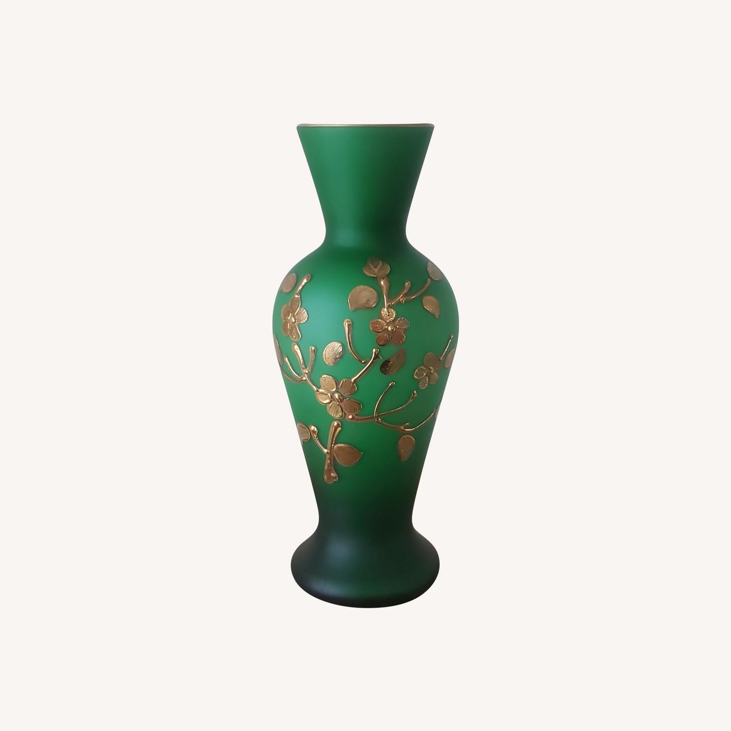 Italy Green Case Glass 9 Vase Gold Hand Paint & Trim - image-0