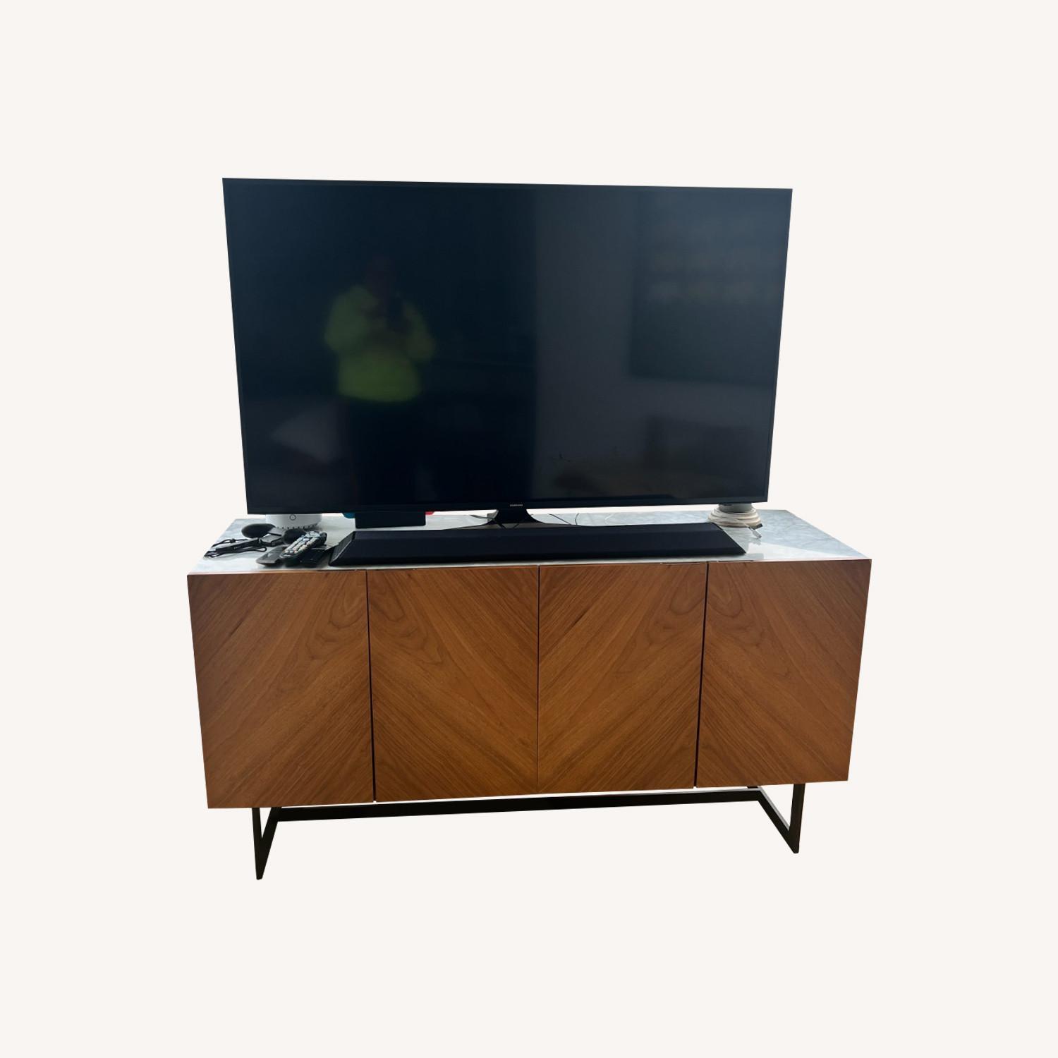CB2 Wood Media Console with White Marble Top - image-0