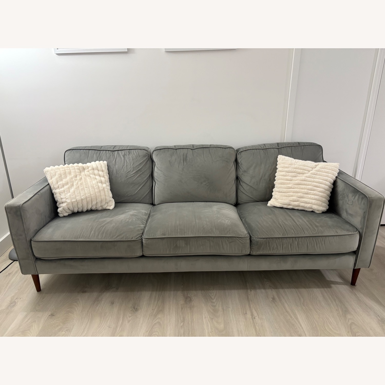 Living Spaces Gray Velvet Couch - image-7