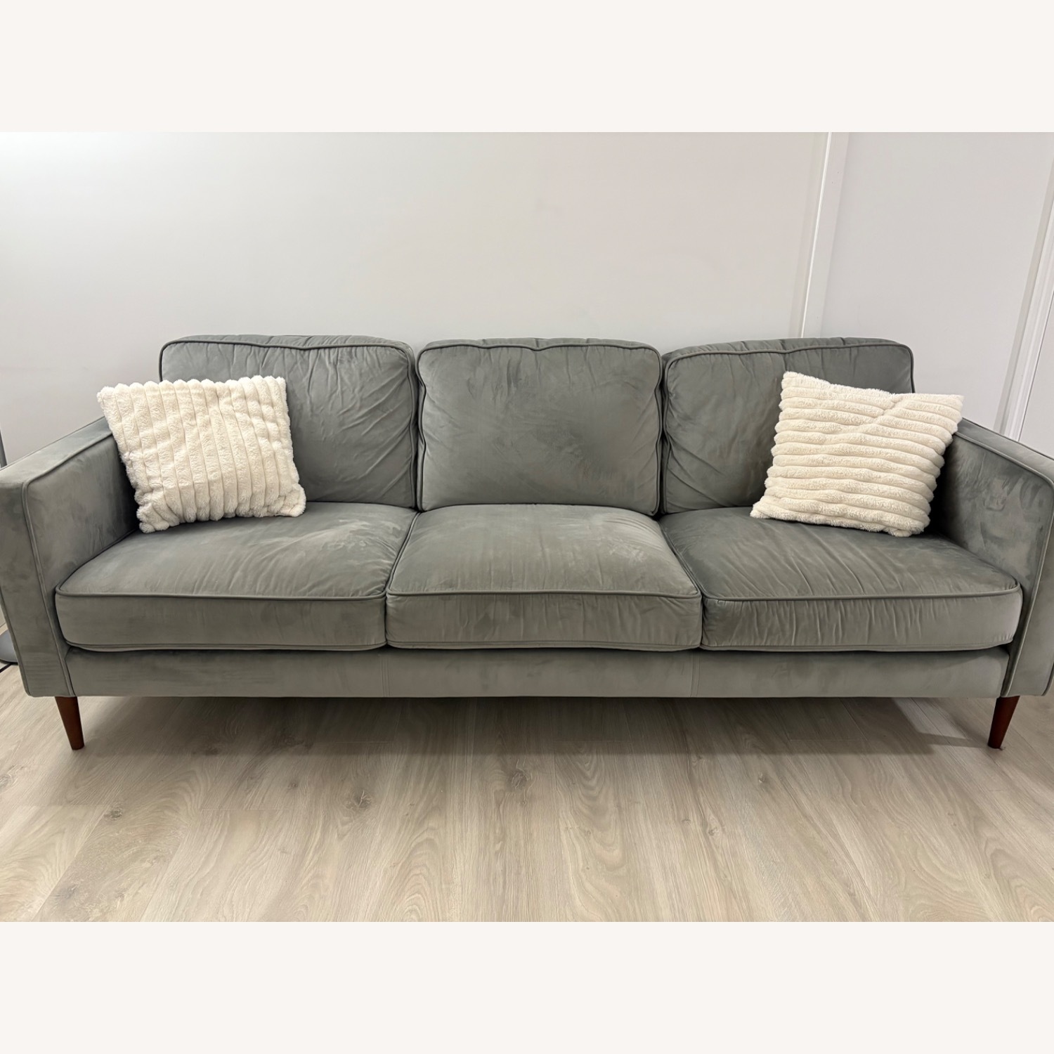 Living Spaces Gray Velvet Couch - image-6