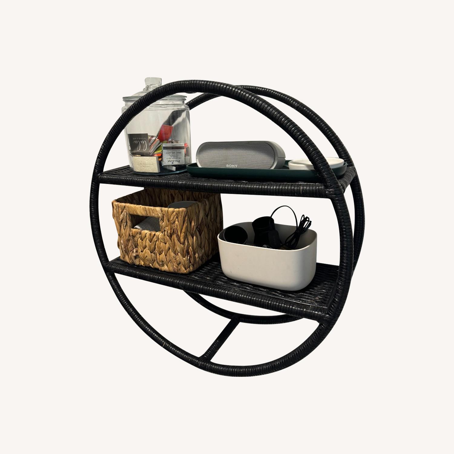 Black Wicker Bathroom Wall Shelf 18" Round - image-0