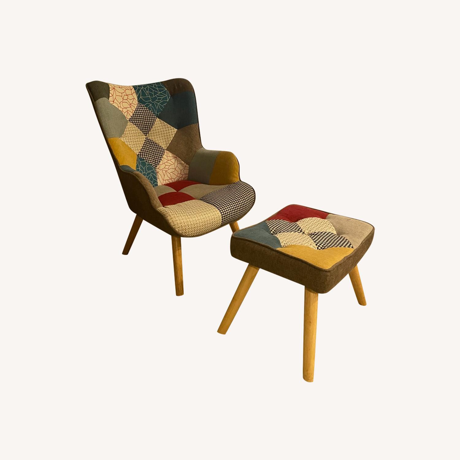 Patchwork Armchair Accent Chair with Ottoman - image-0