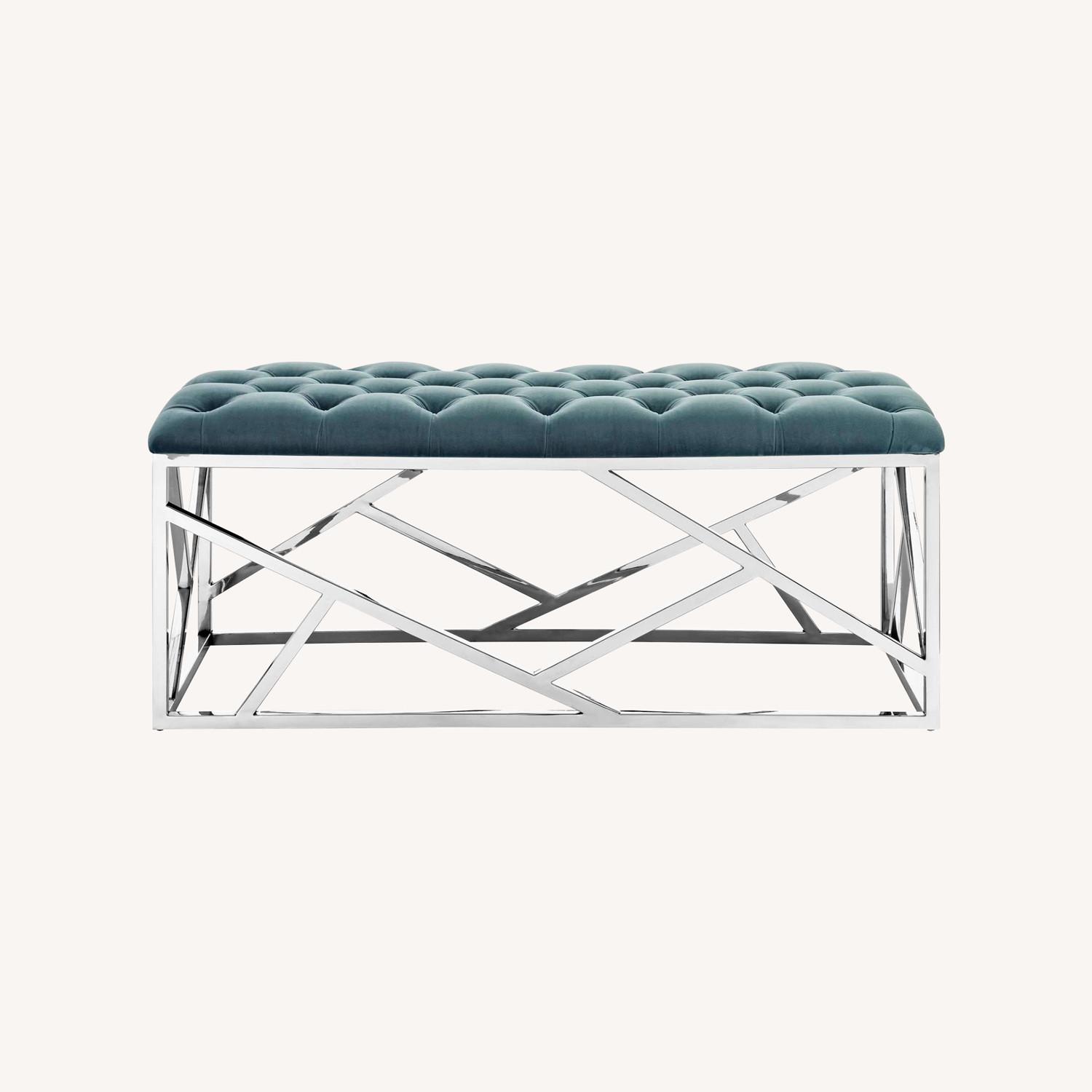 Bench In Sea Blue Velvet Tufted Fabric Upholstery - image-7
