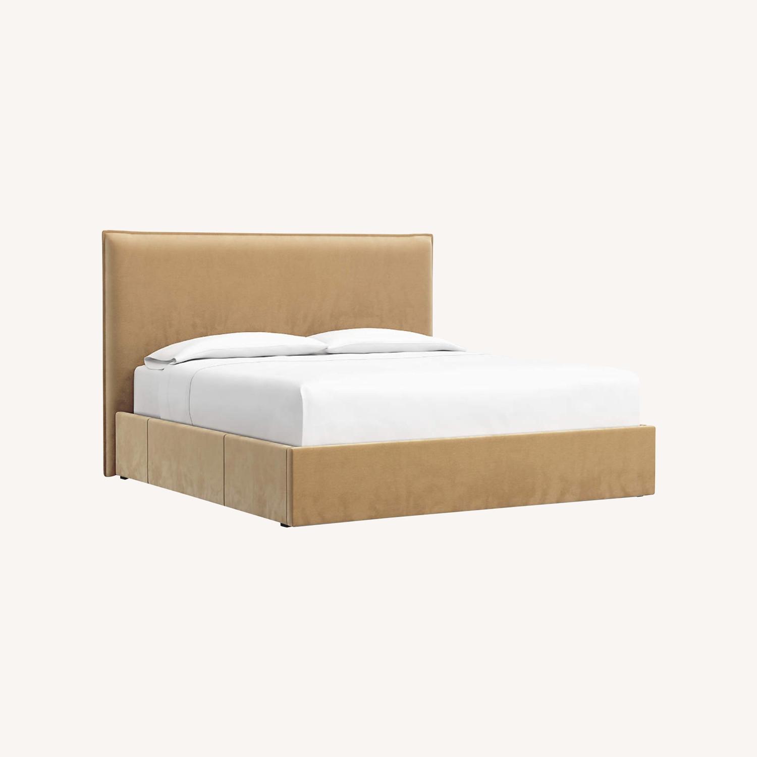 Crate & Barrel Camel Brown Upholstered King Storage Bed - image-0