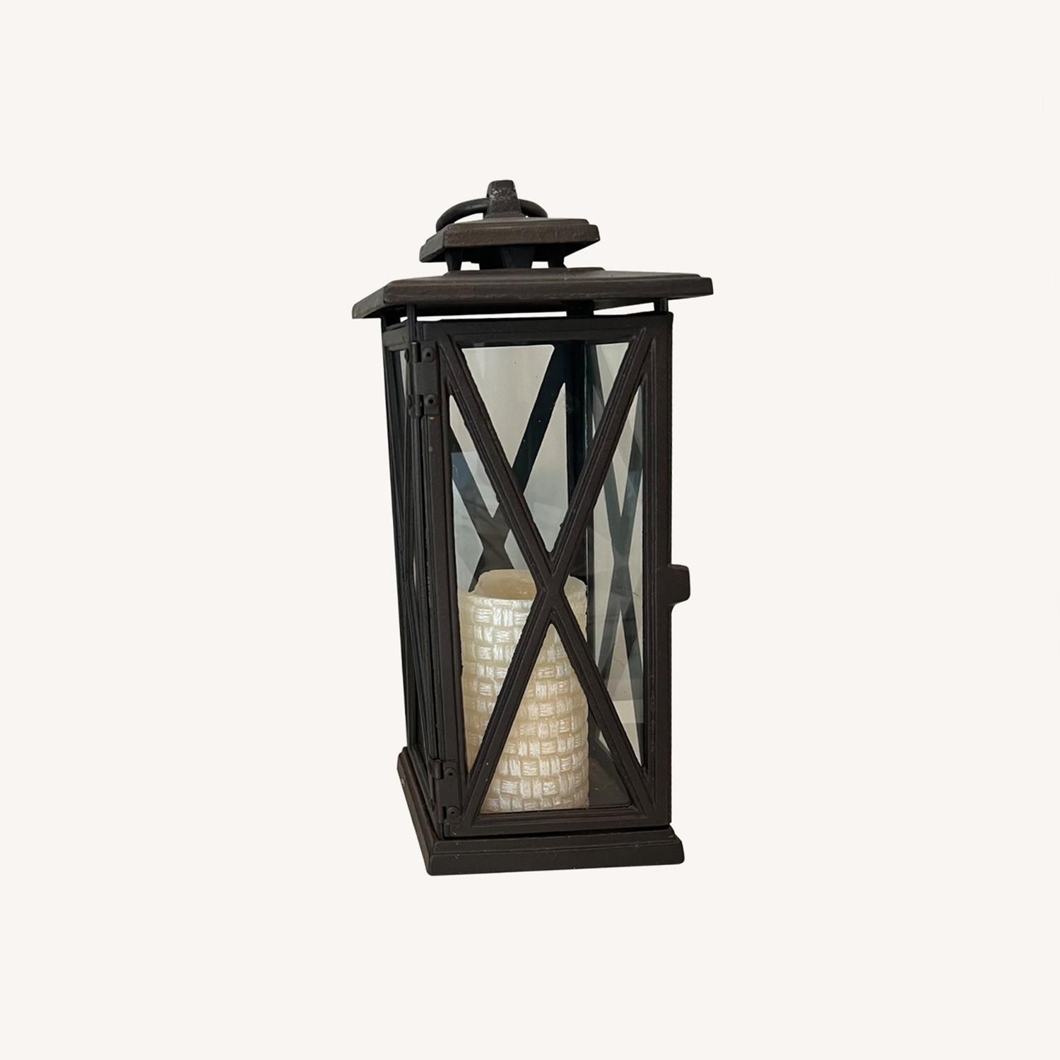 Set Bronzed Wrought Iron & Glass Candle Lanterns - image-0