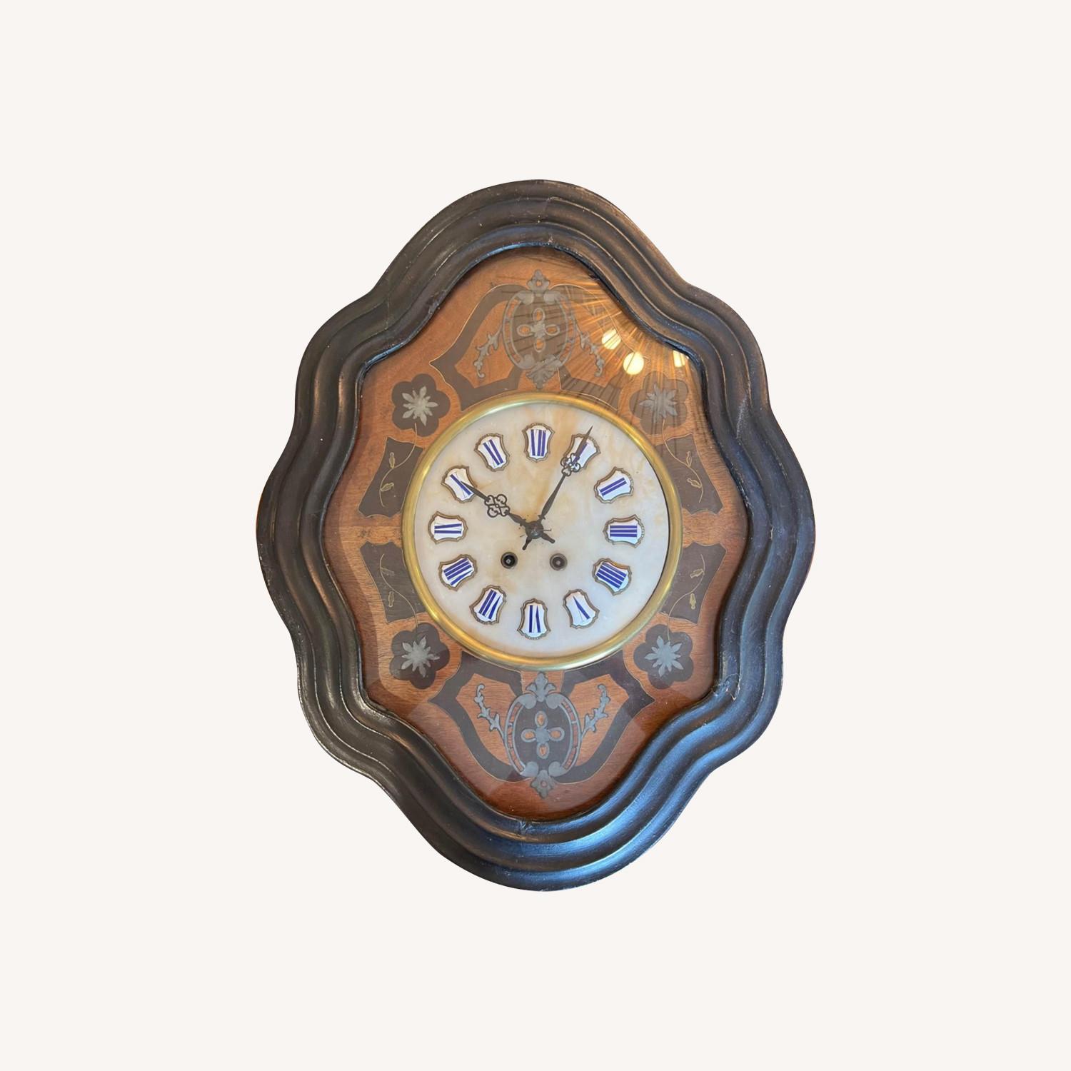 Antique French Bakers Wall Clock Enamel Wood Inlay - image-0