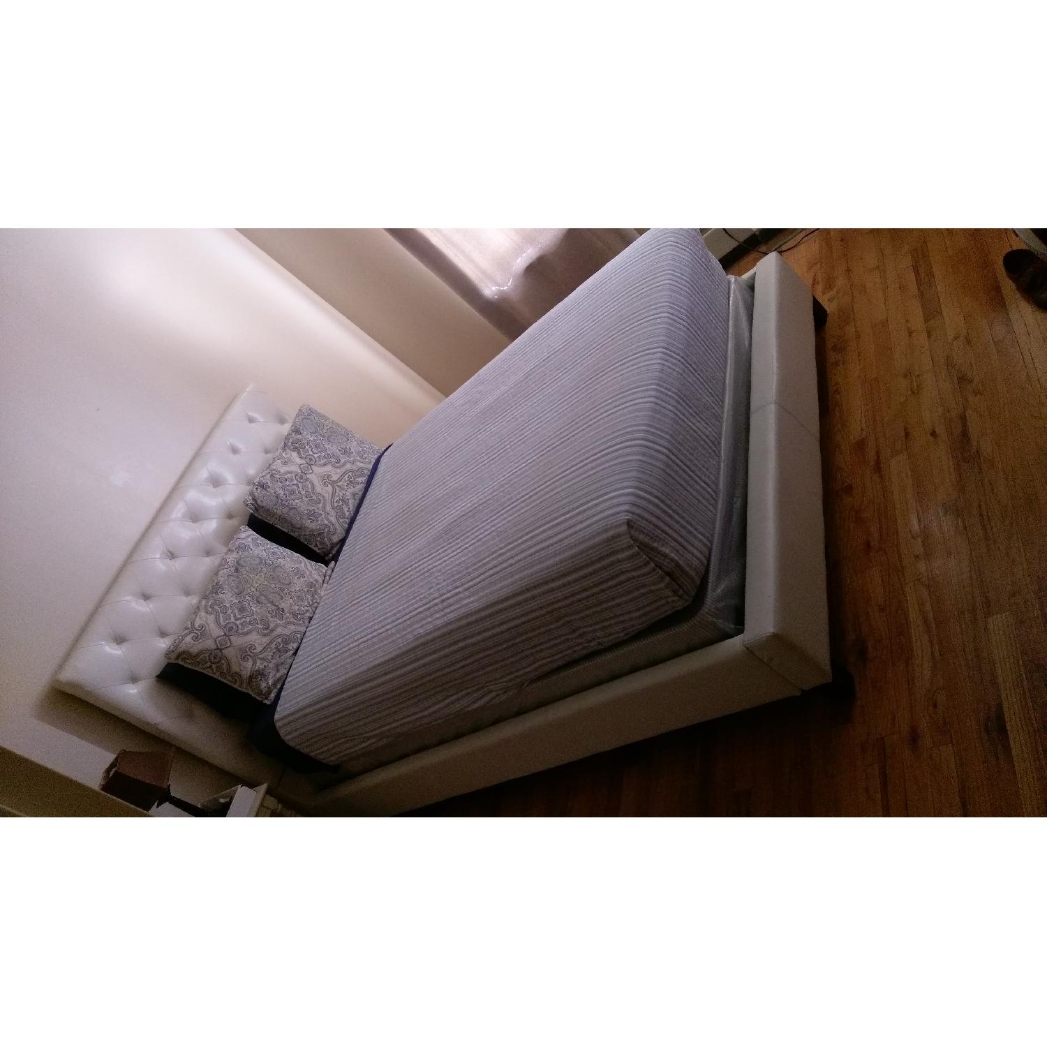 Upholstered Queen Size Panel Bed w/ Leather Tufted Headboard - image-1