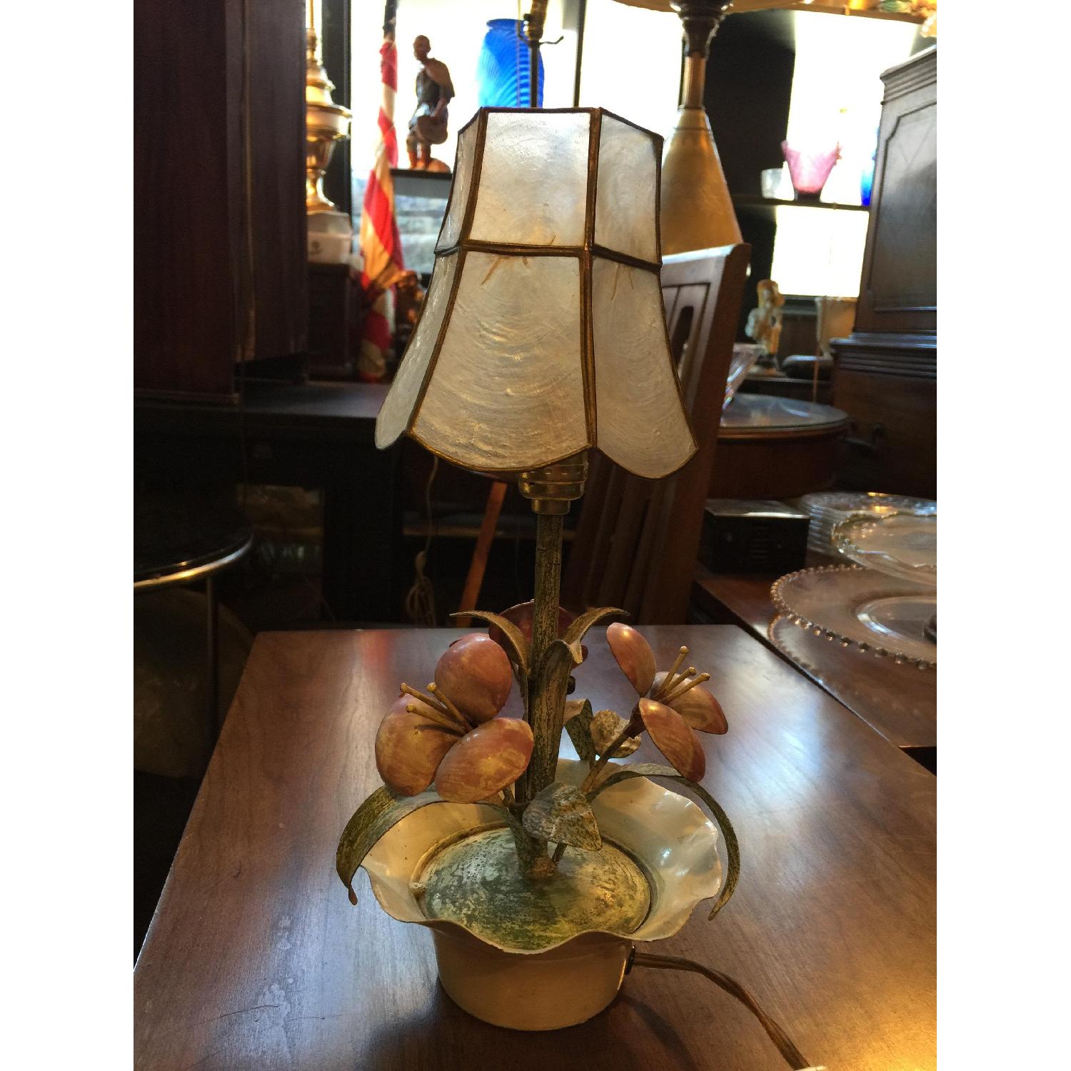 Vintage Metal Flower Lamp w/ Mother of Pearl Shade - image-1