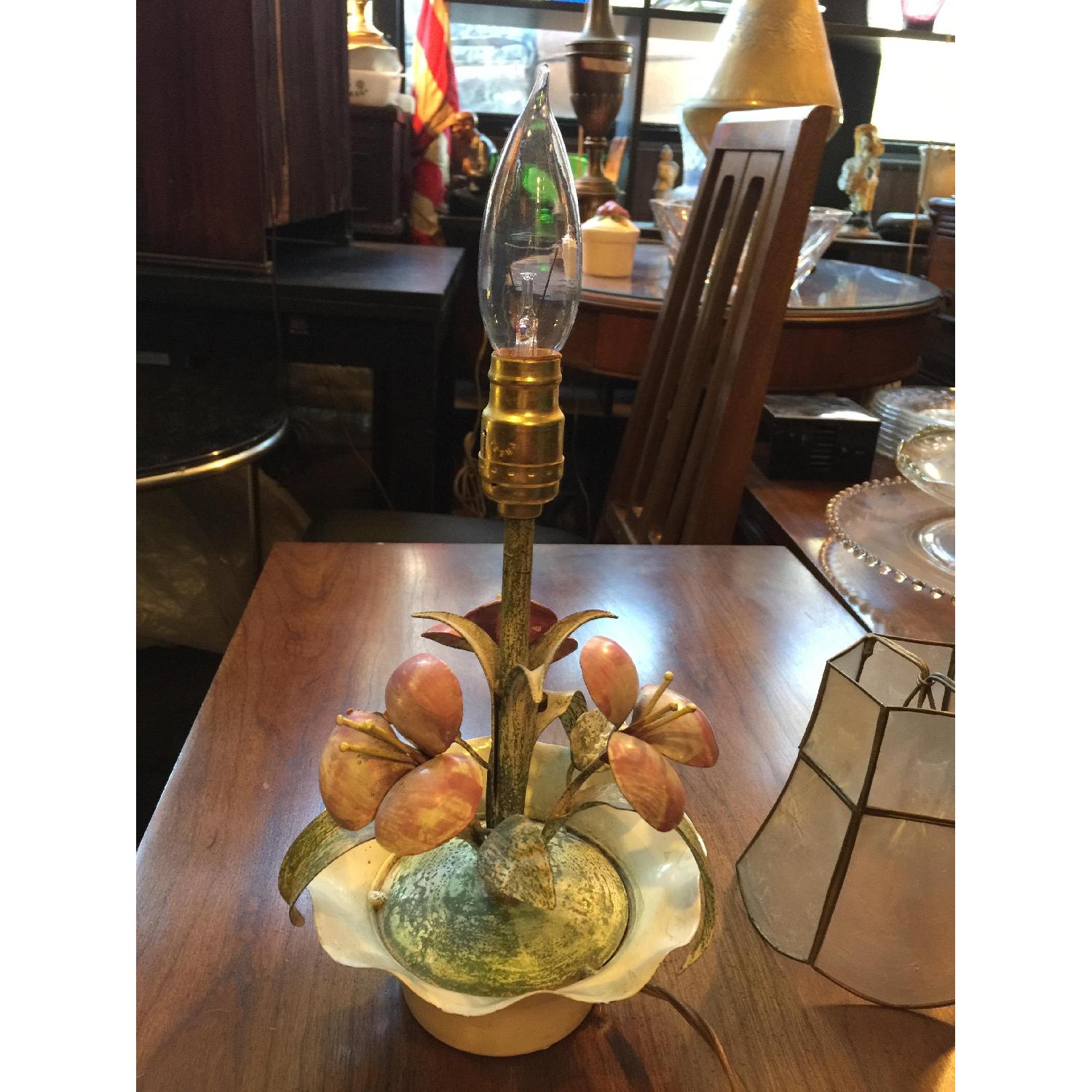 Vintage Metal Flower Lamp w/ Mother of Pearl Shade - image-5