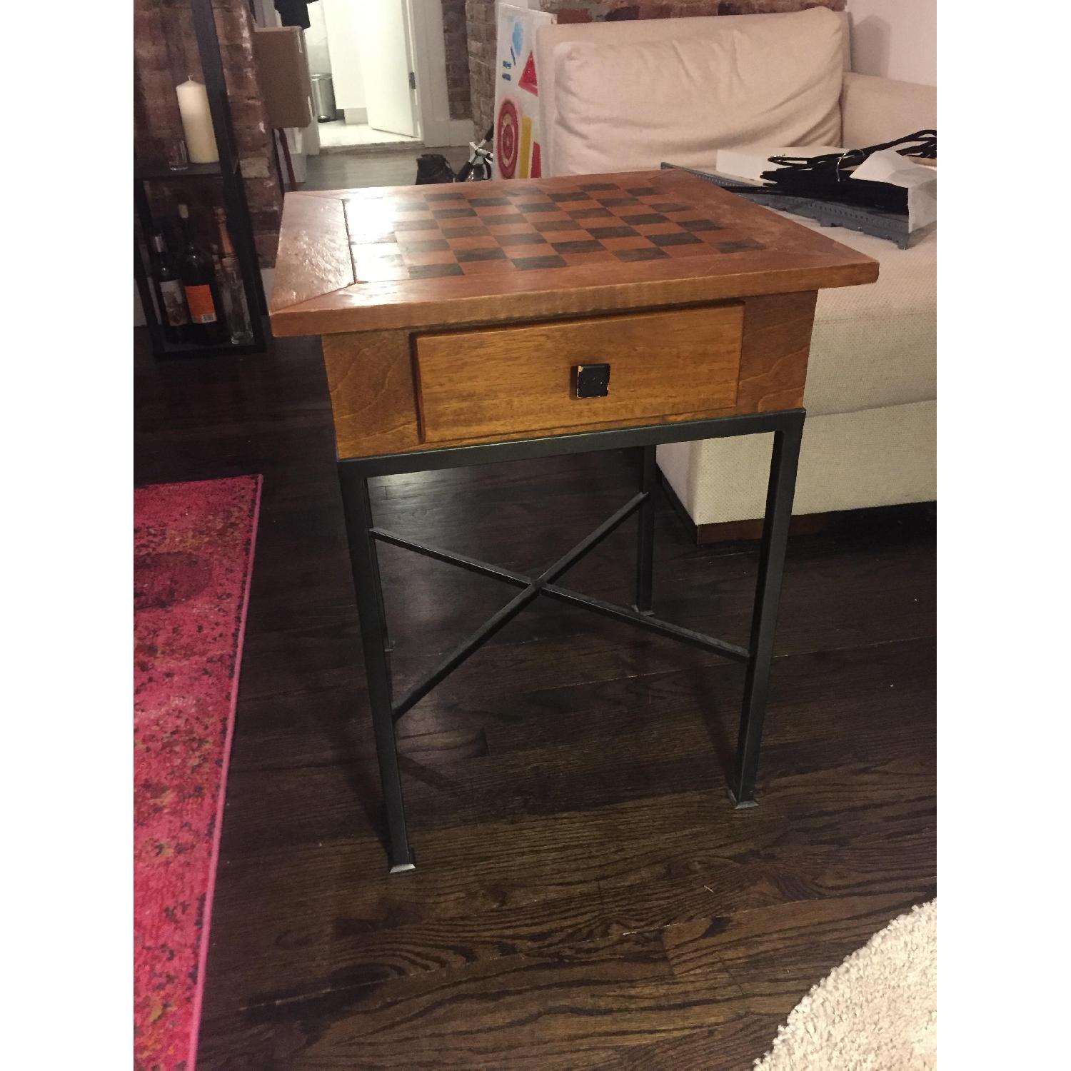 Rustic Wood & Iron Side Table w/ Convertible Chessboard - image-1
