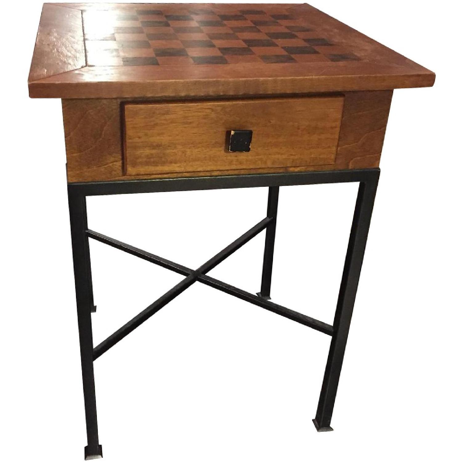 Rustic Wood & Iron Side Table w/ Convertible Chessboard - image-0