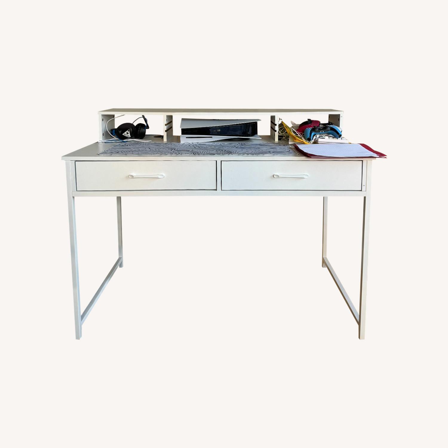 White Desk with Drawers and Monitor Shelf - image-0