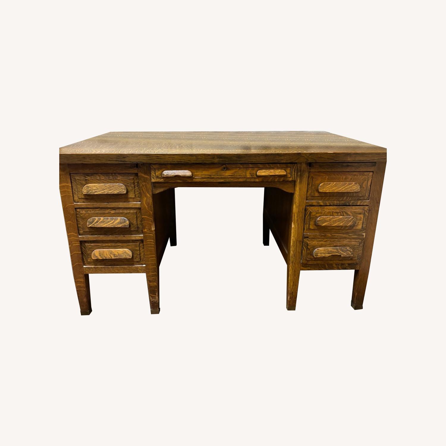 Antique Tiger Oak Desk with 6 Drawers - image-0