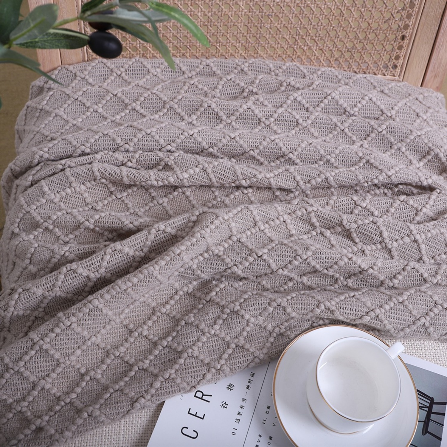 SOGA 2X Coffee Diamond Pattern Blanket - image-1