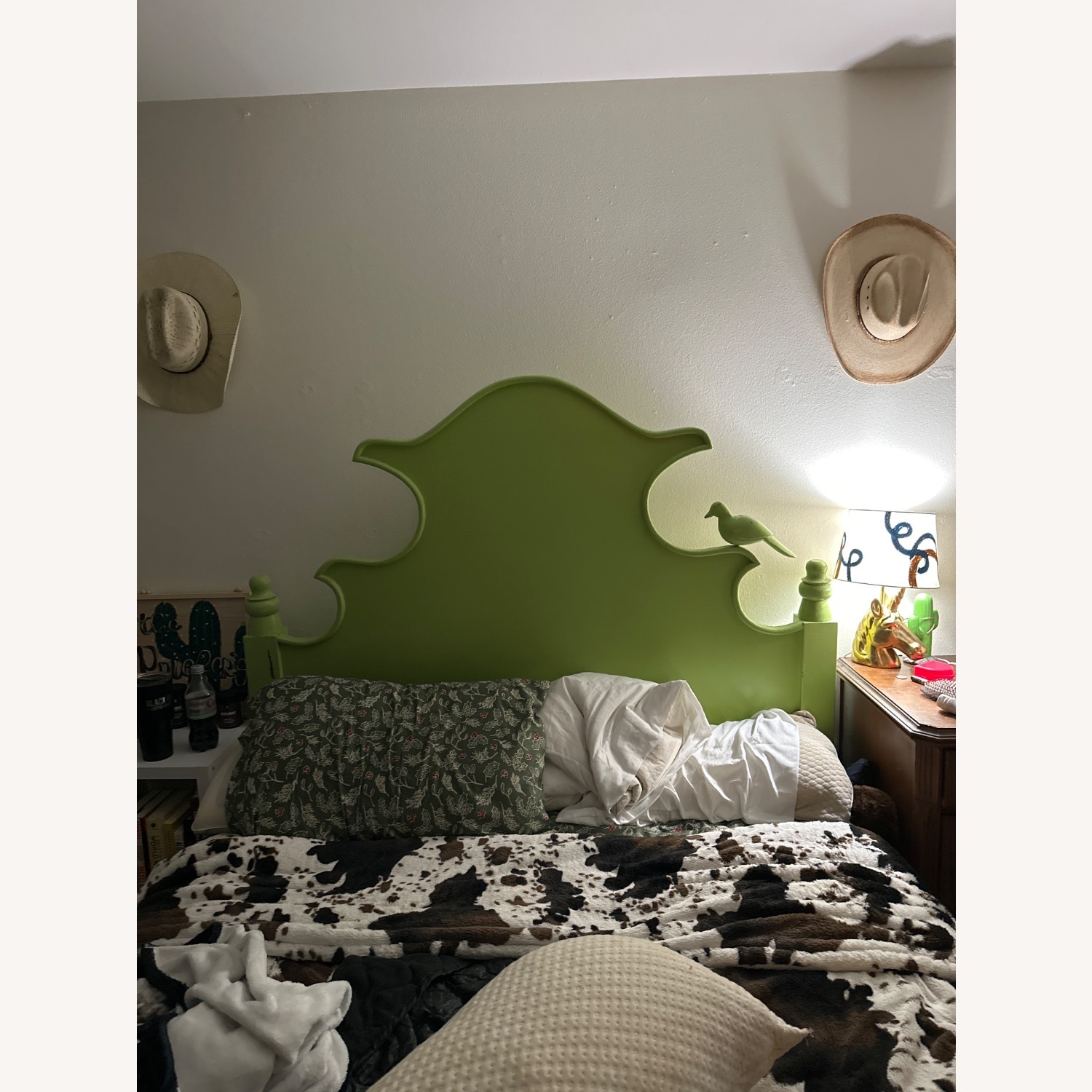 Antique Green Wooden Bird Headboard - image-2