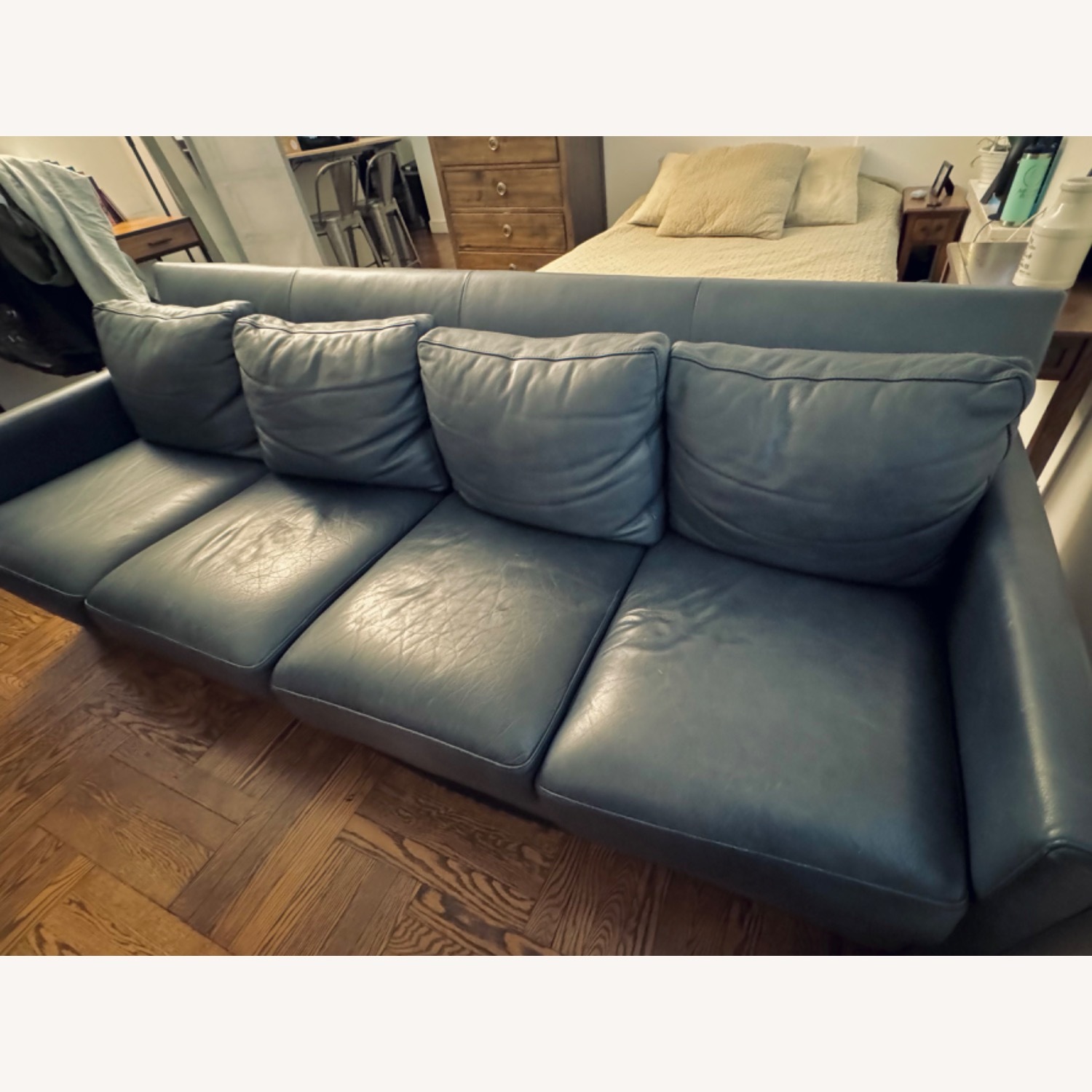 Blue Leather Mid Century Modern Sofa - image-5