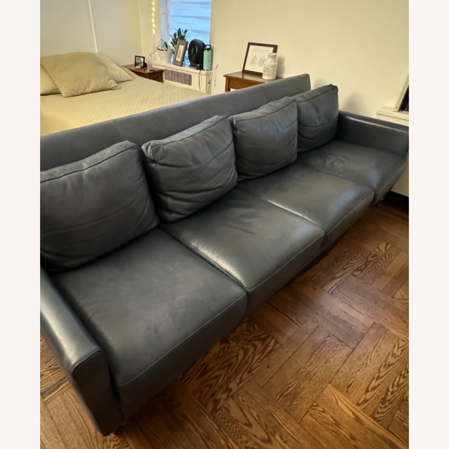 Blue Leather Mid Century Modern Sofa - image-6