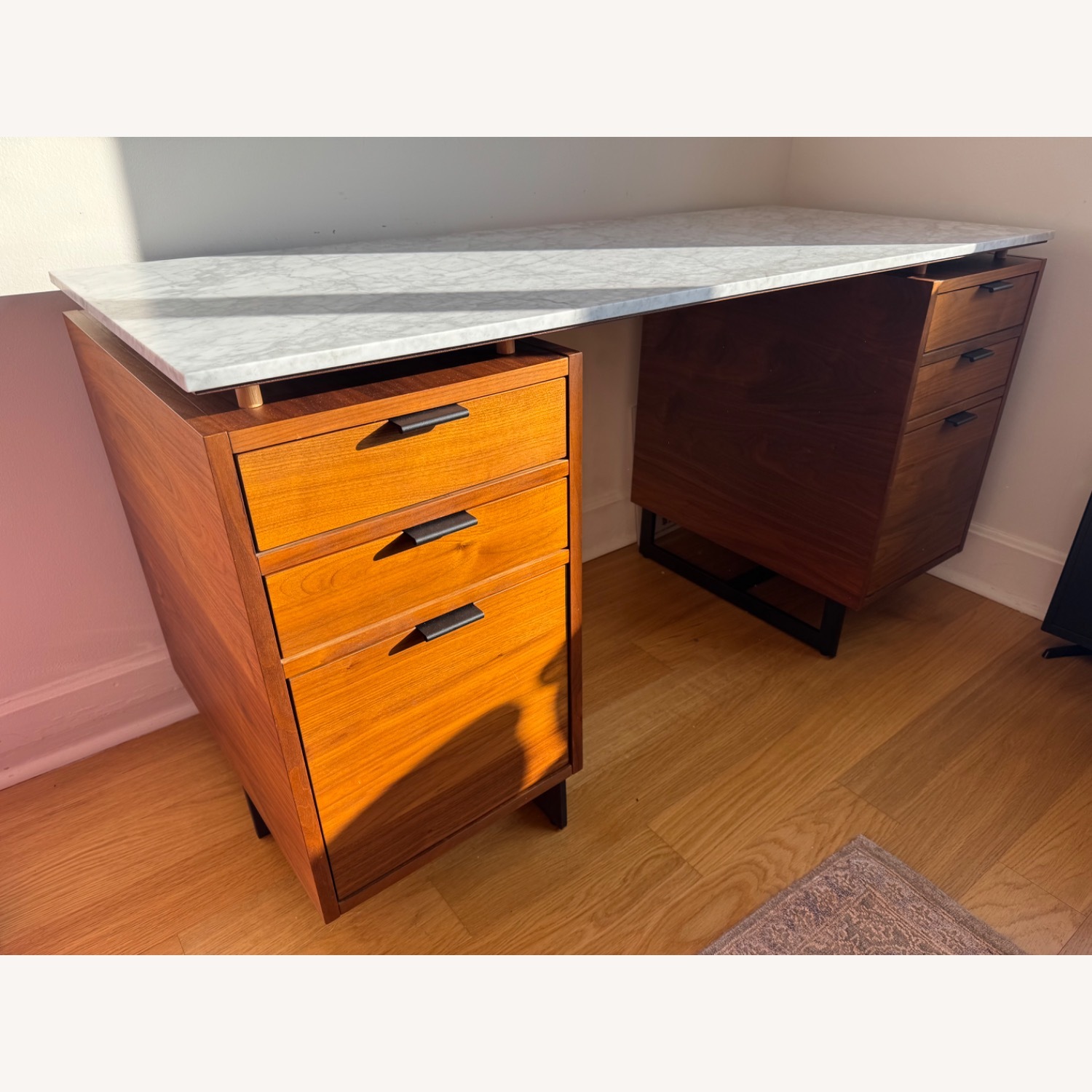 CB2 Fullerton 6-Drawer Walnut Wood Desk with White Marble Top - image-1