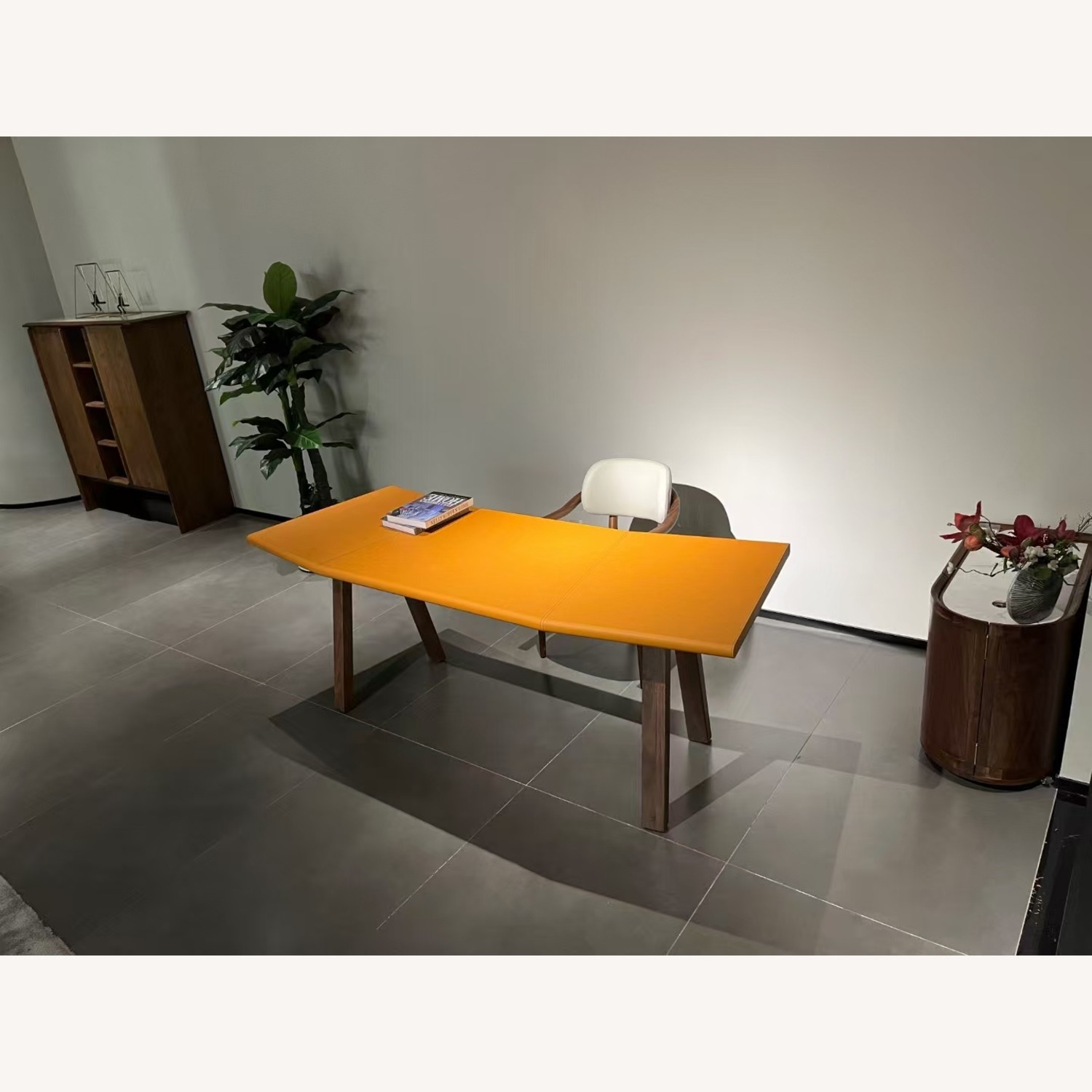 White Leather Wrapped Black Walnut Office Desk - AptDeco