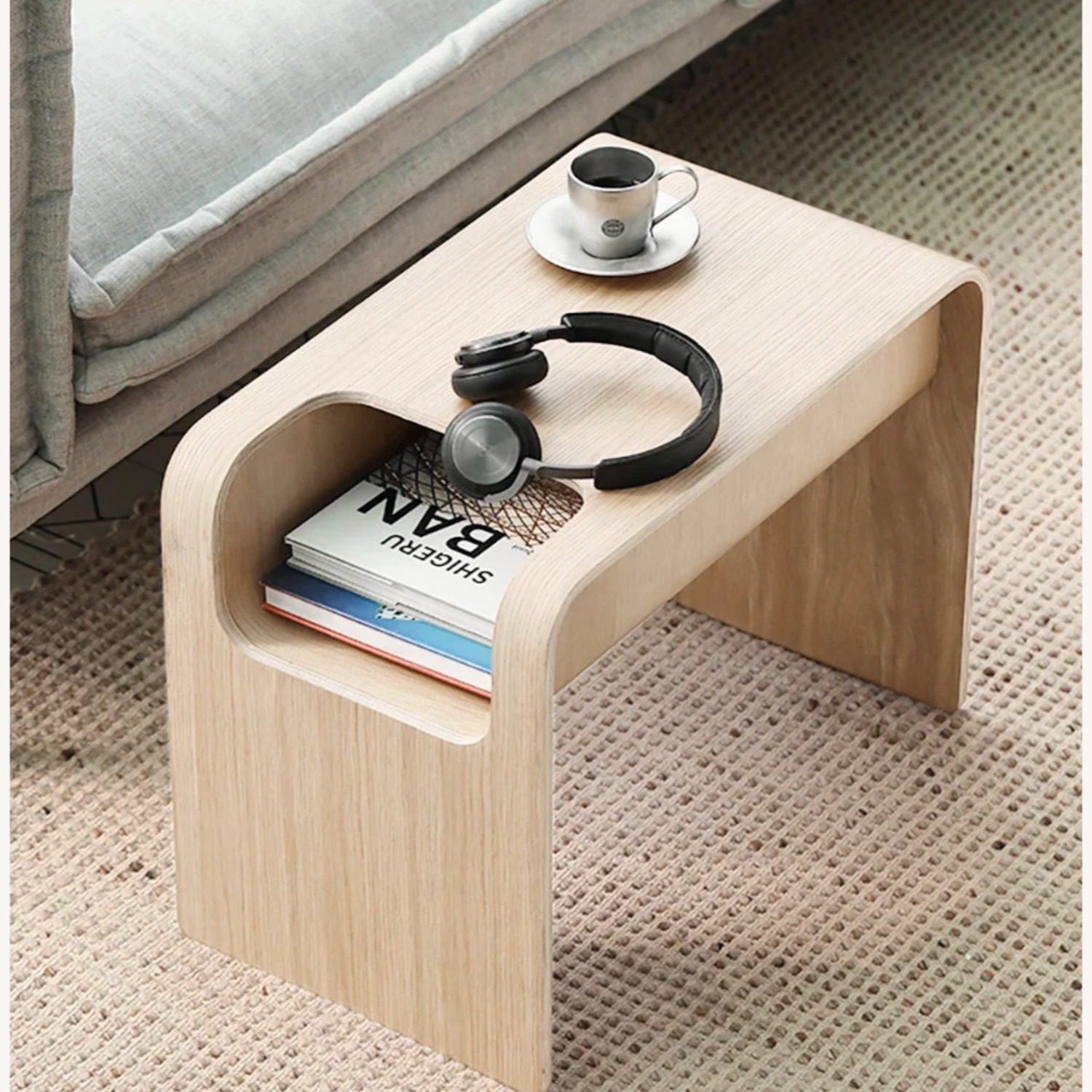 C Shaped Natural Convertible Side Table w Storage - image-2