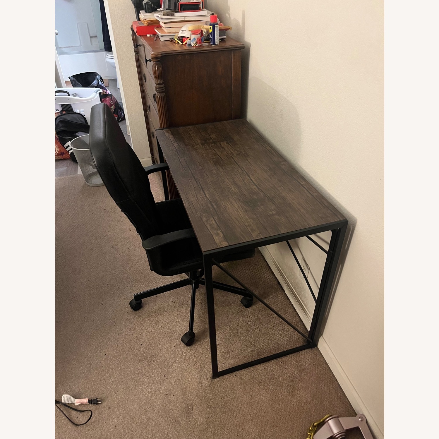 Brown Wooden Desk with Metal Legs and Base - image-4