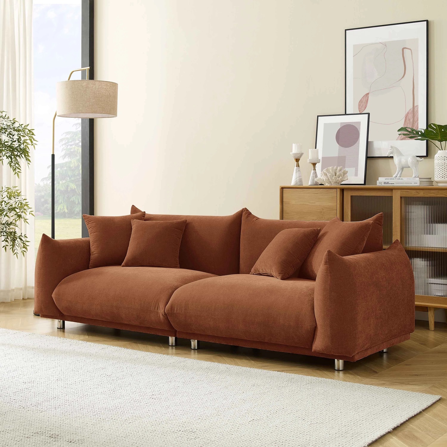 Arnya Rust Boucle Sofa with Pillows - image-2