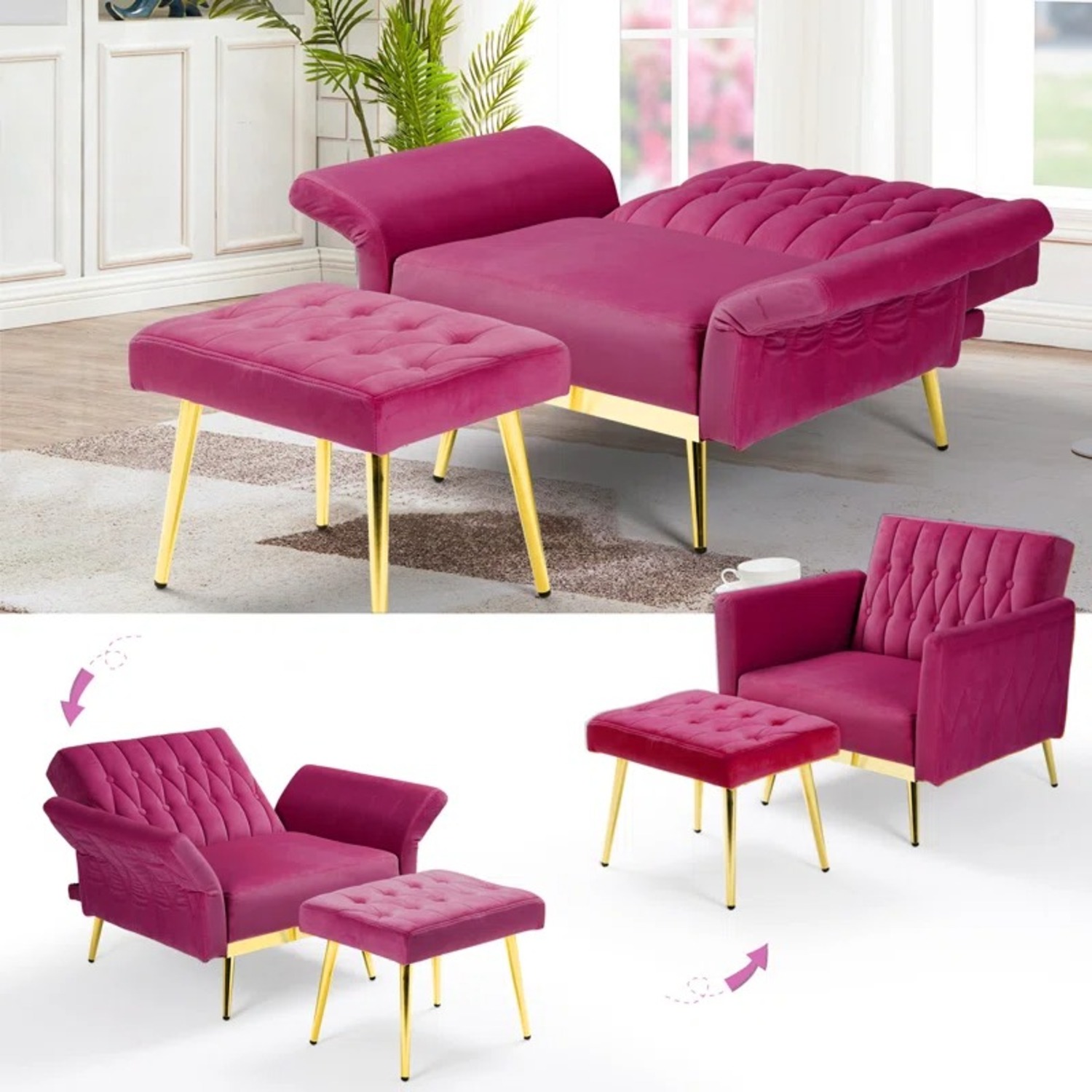 Wayfair Evelyn Quinn Pink Velvet Accent Chair & Ottoman - image-2