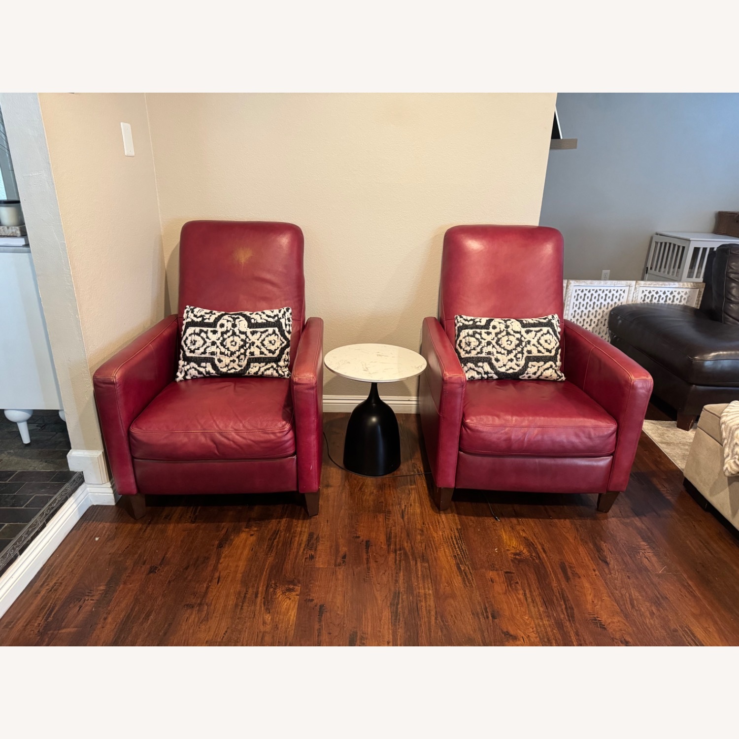 Living Spaces Denny II Red Leather Push Back Recliners Pair - image-1