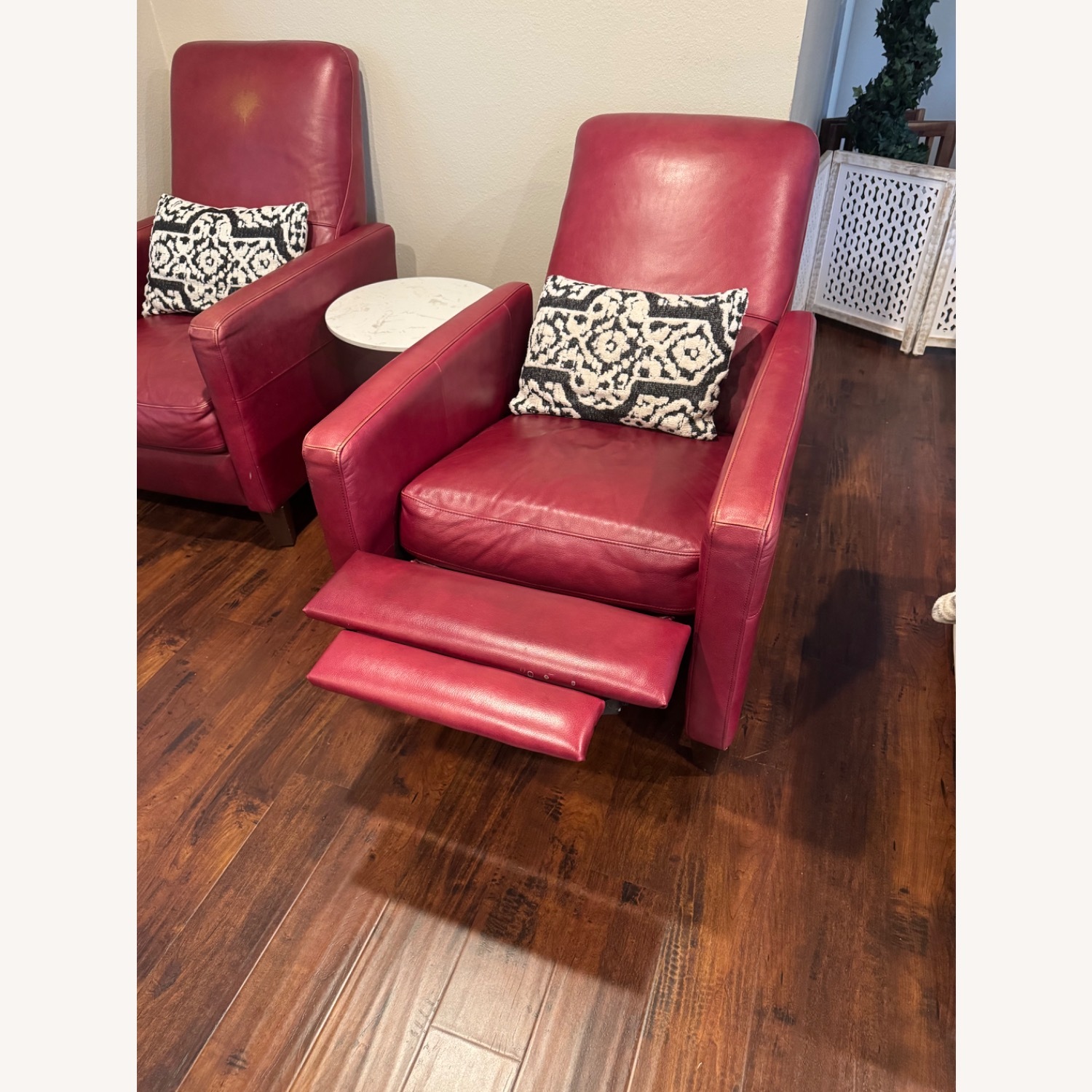 Living Spaces Denny II Red Leather Push Back Recliners Pair - image-3