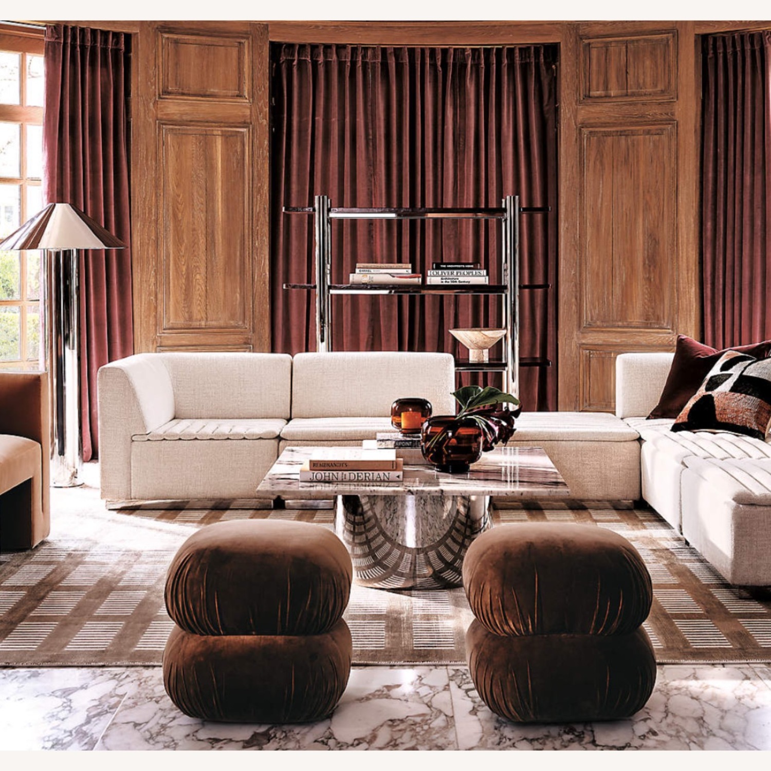 CB2 Ruched Dark Beige Velvet Pouf Ottoman Set of 2 - image-3