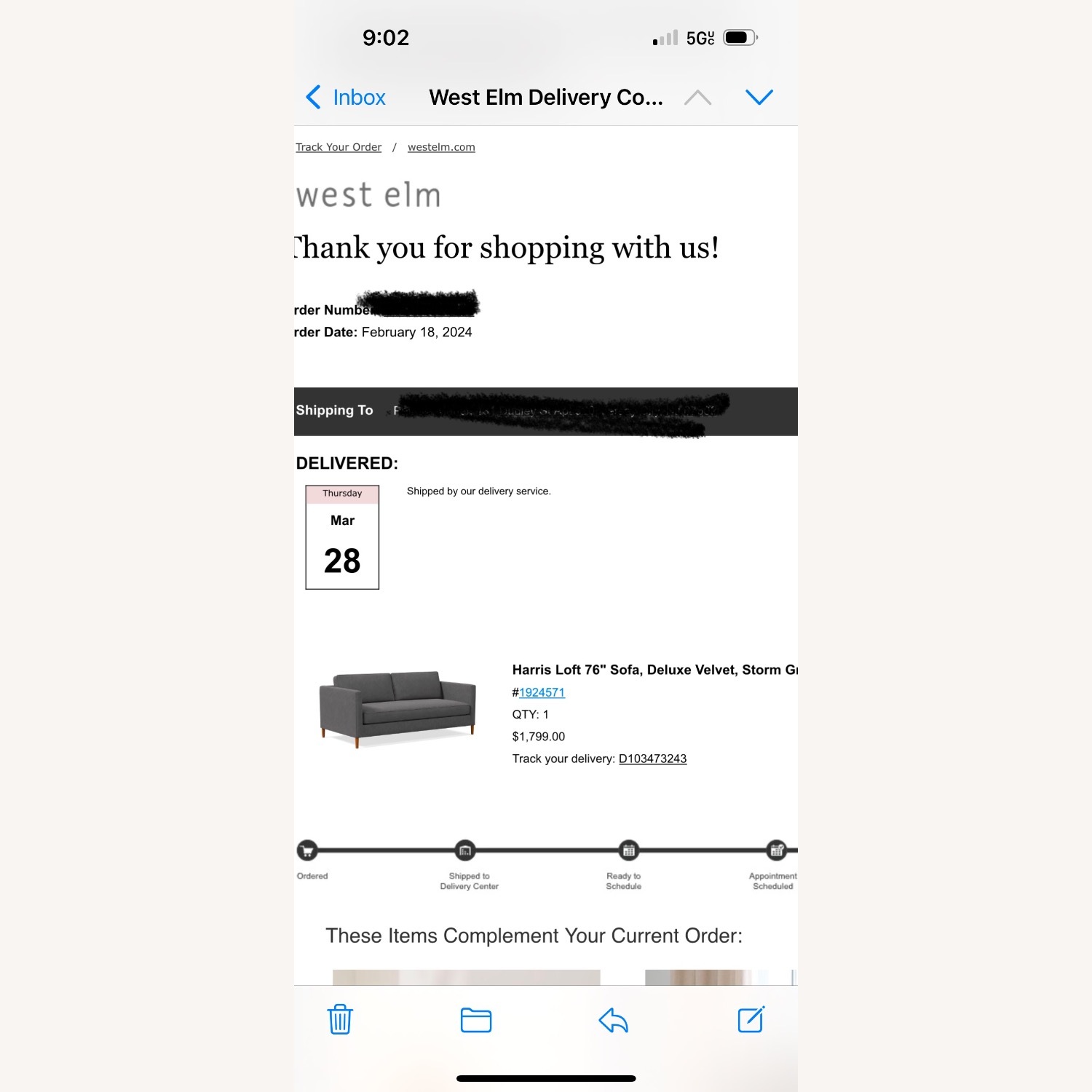 West Elm Harris Storm Gray Deluxe Velvet Sofa - image-8