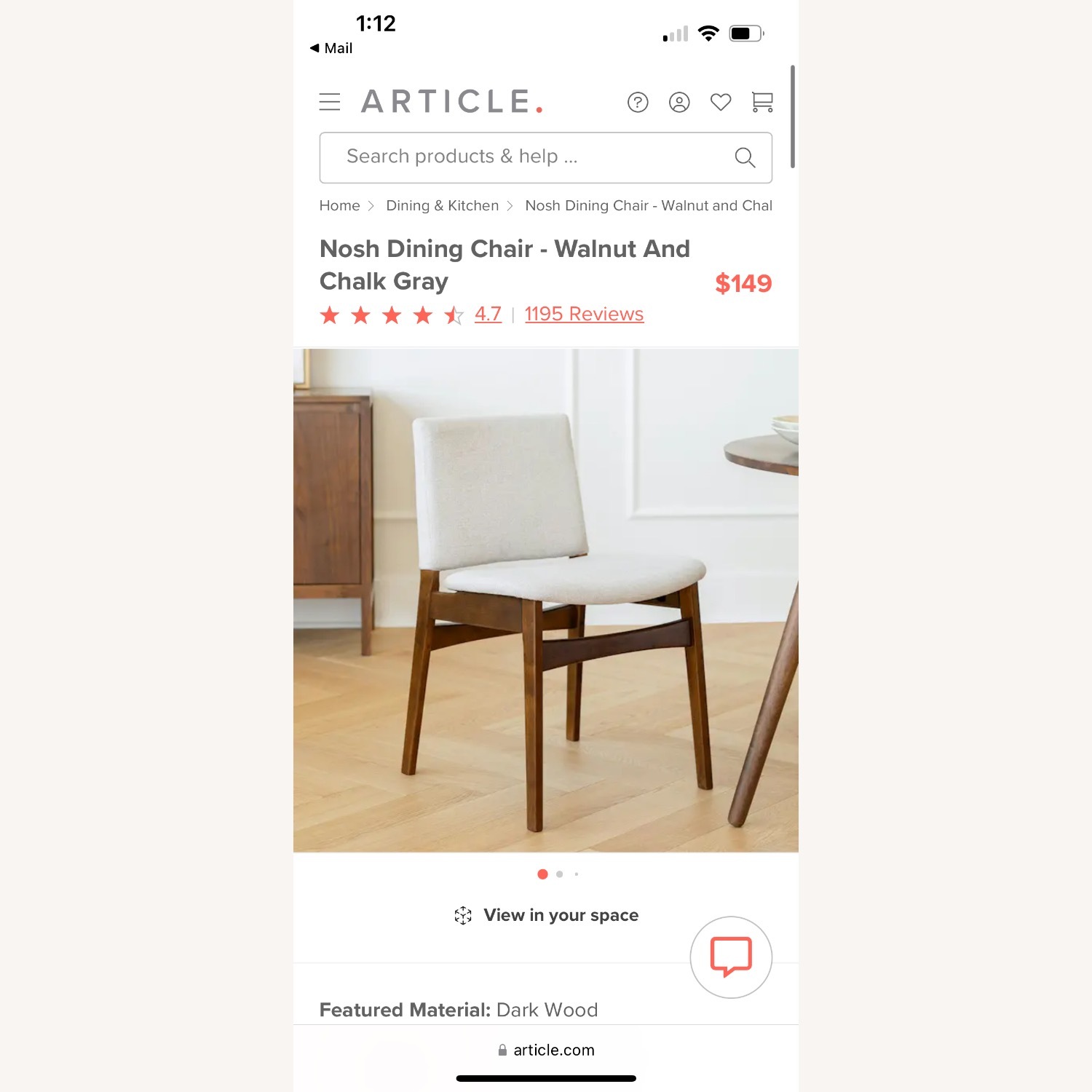 Article Nosh Dining Chair - Walnut and Chalk Gray, Set of 4 - image-1