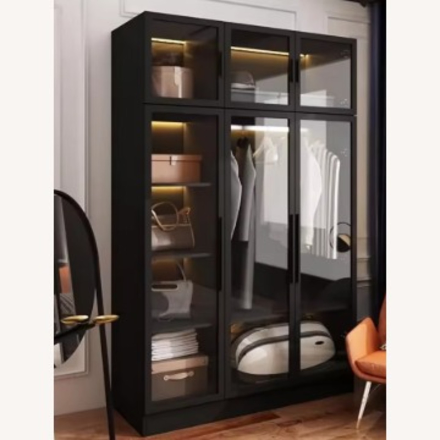 Large Black Amorie Wardrobe Closet w Glass Doors - image-0