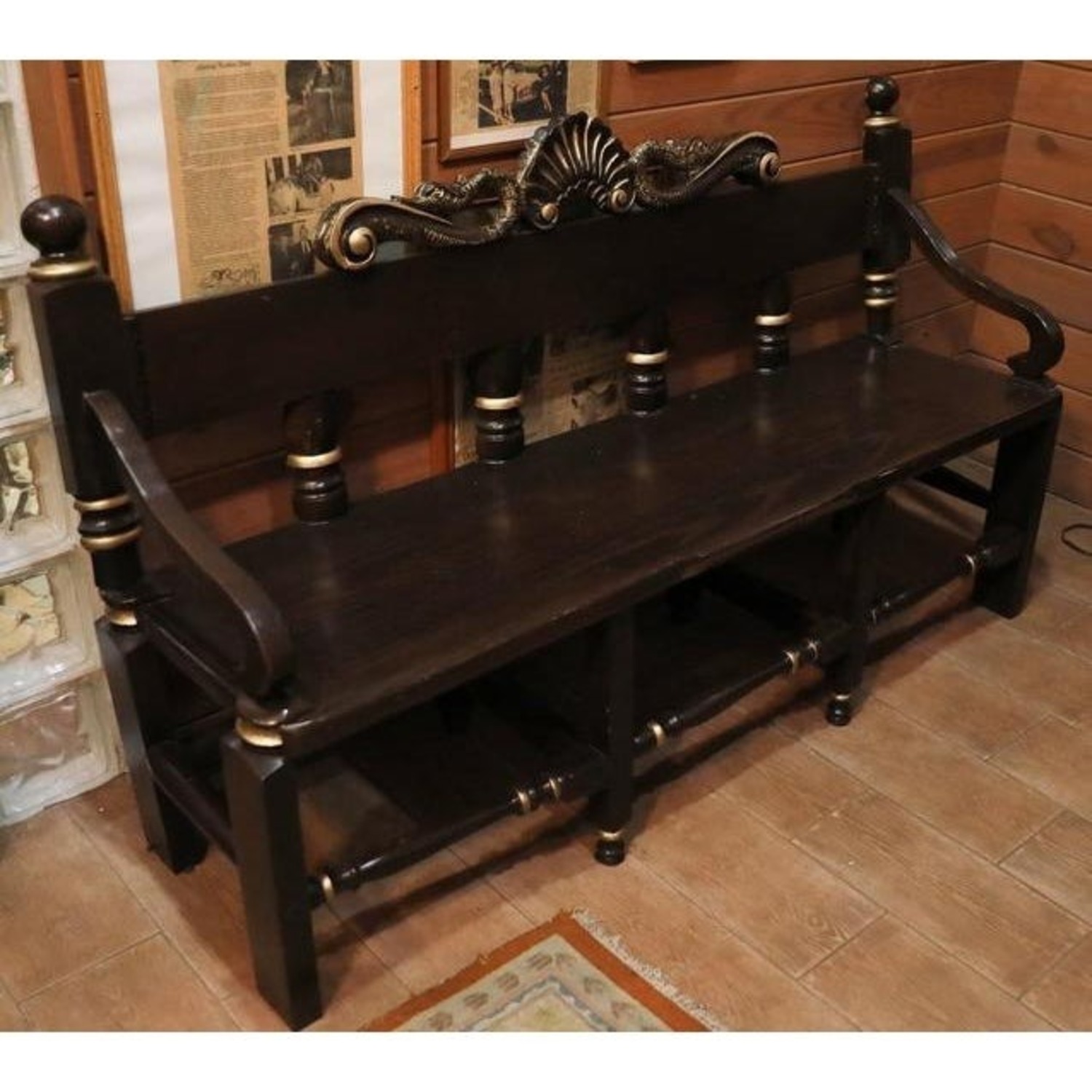 Antique Ornate Wooden Bench - image-10