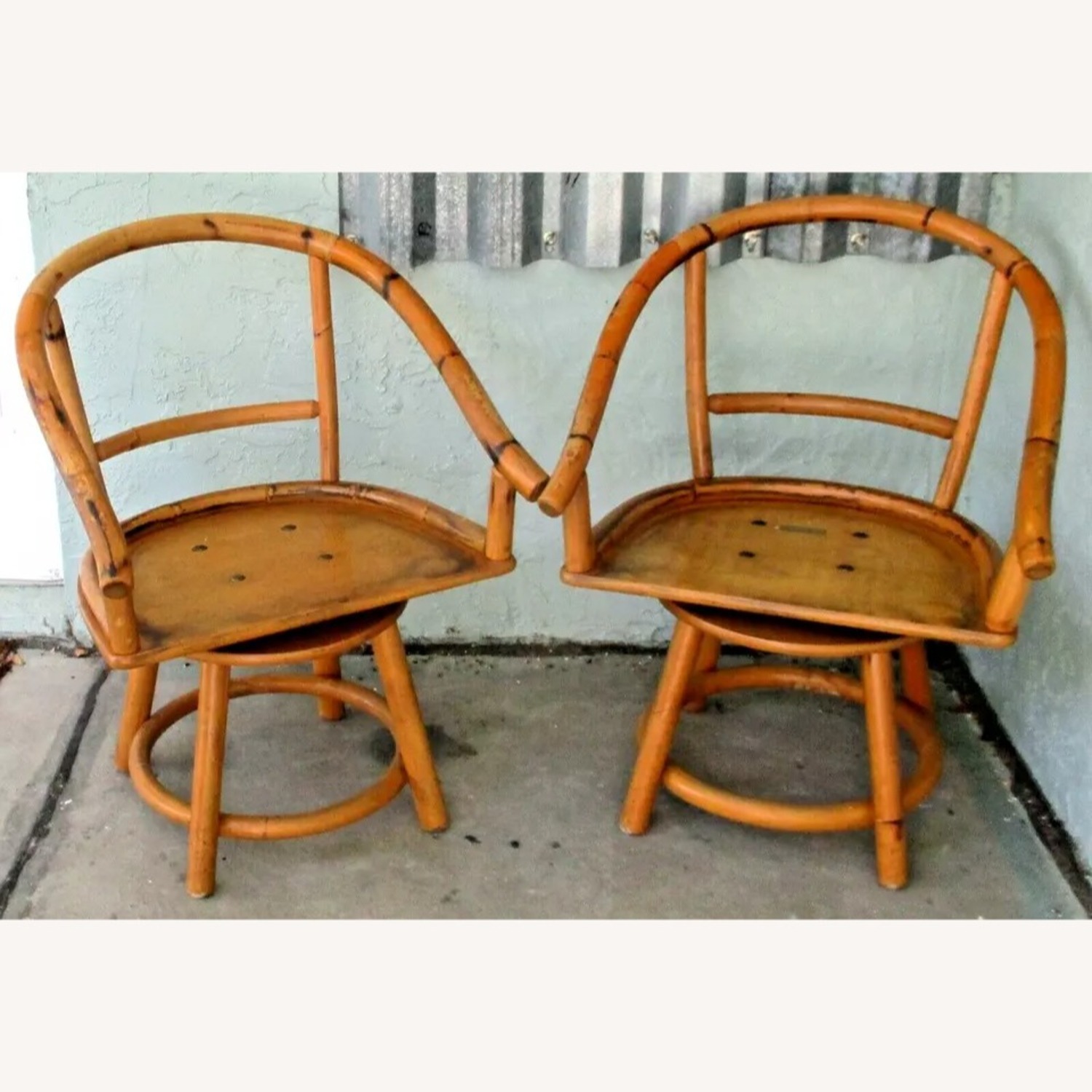 Pair Rattan Low Back Swivel Chairs - image-1