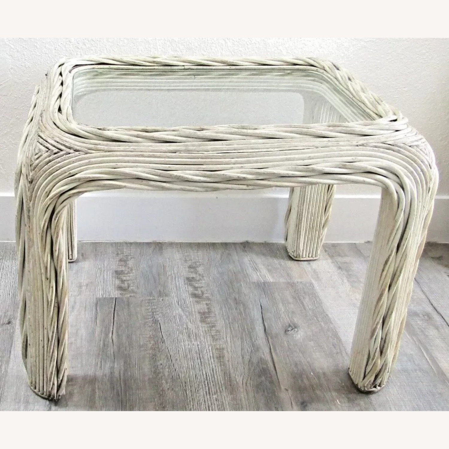 Distressed White Twisted Rattan Side Table - image-1