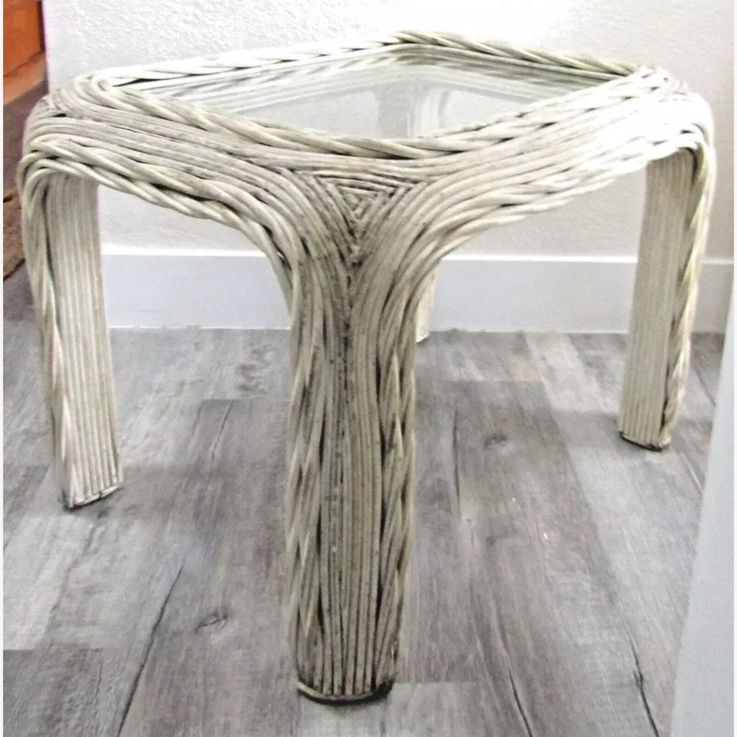 Distressed White Twisted Rattan Side Table - image-3