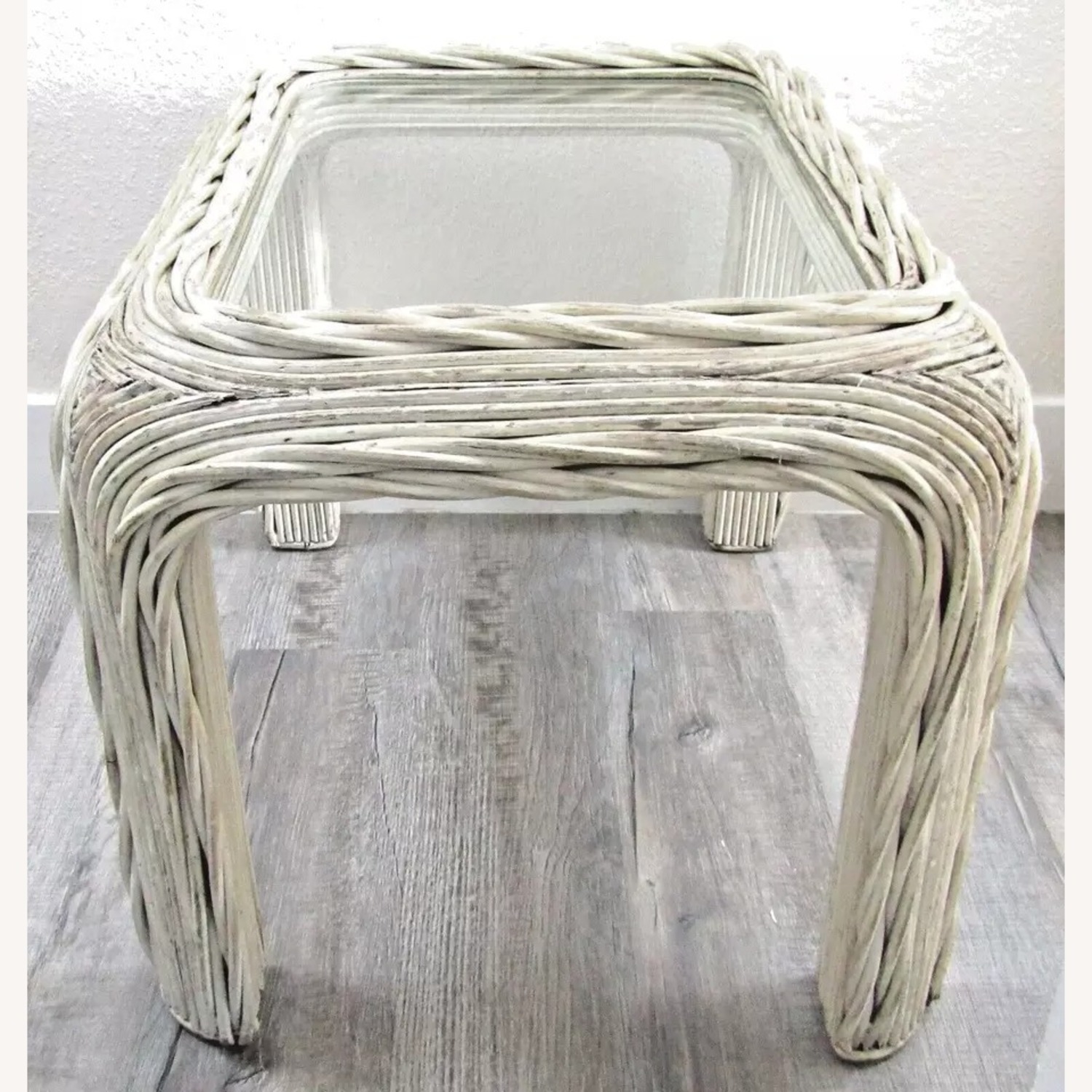 Distressed White Twisted Rattan Side Table - image-4