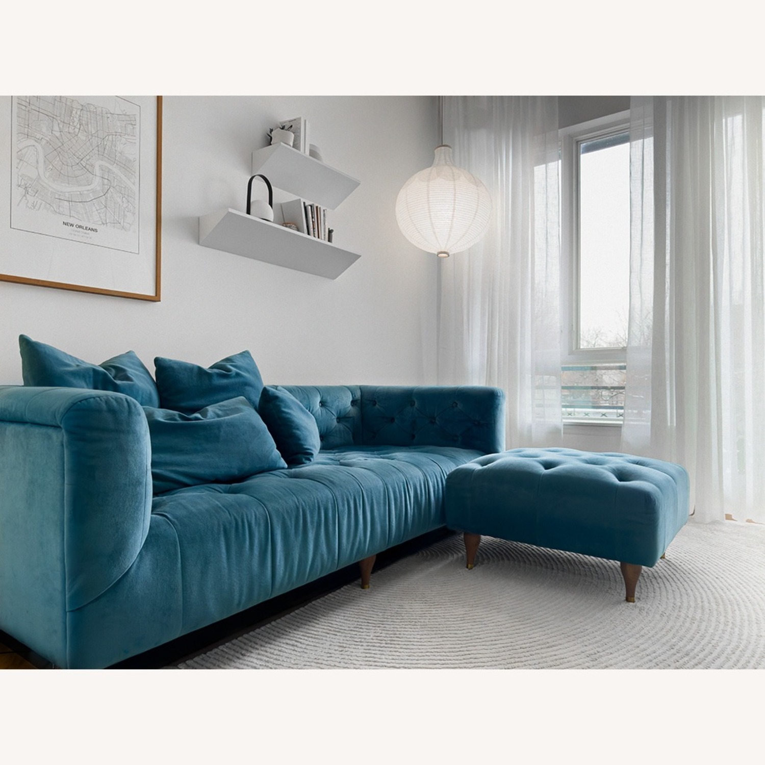 Interior Define Ms. Chesterfield Saphire Velvet Sofa + Ottoman - image-1