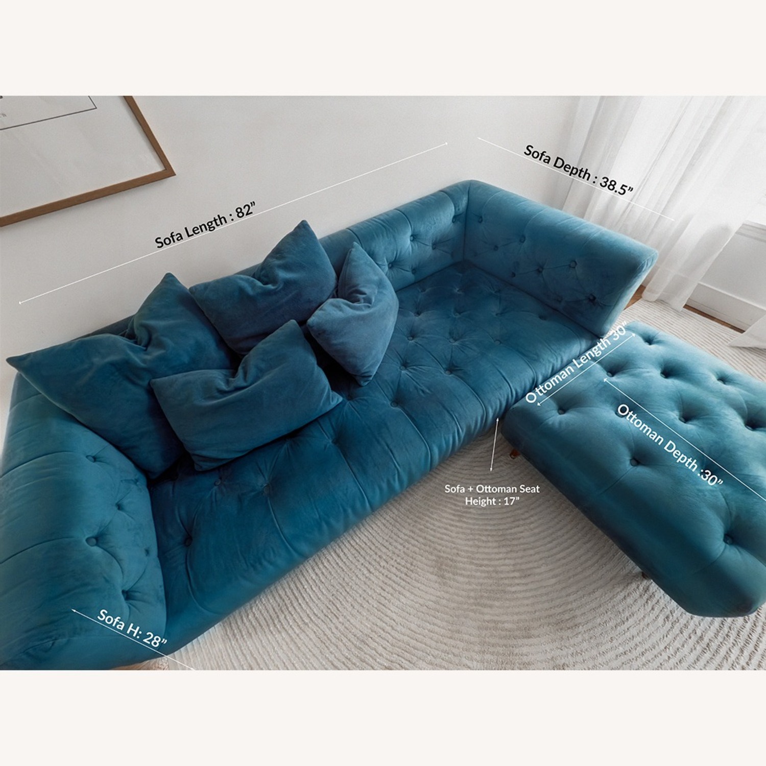 Interior Define Ms. Chesterfield Saphire Velvet Sofa + Ottoman - image-5